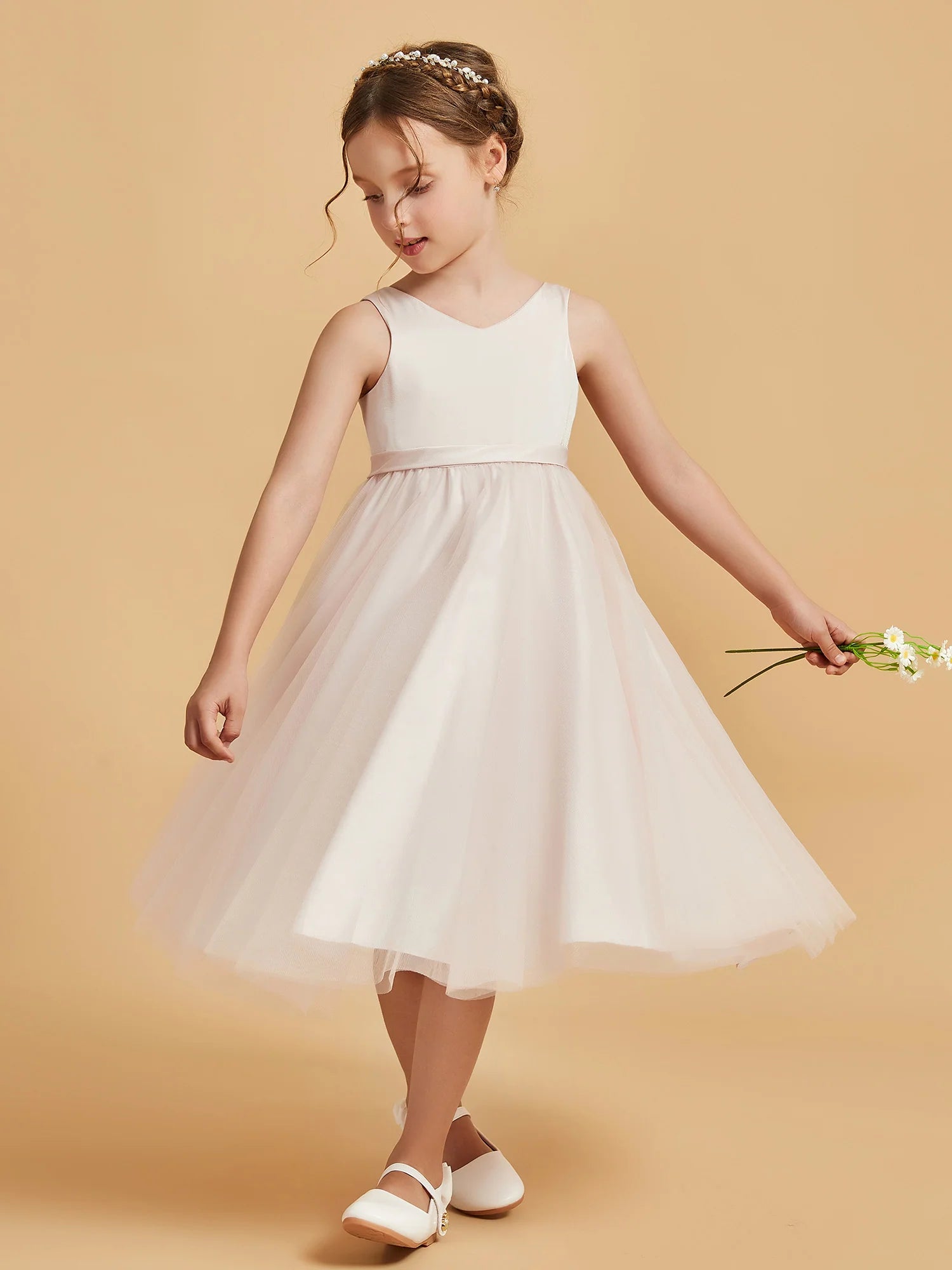 Sleeveless V Neck Keyhole Back Double Bow Blush Pink Tulle Midi Length Flower Girl Dresses