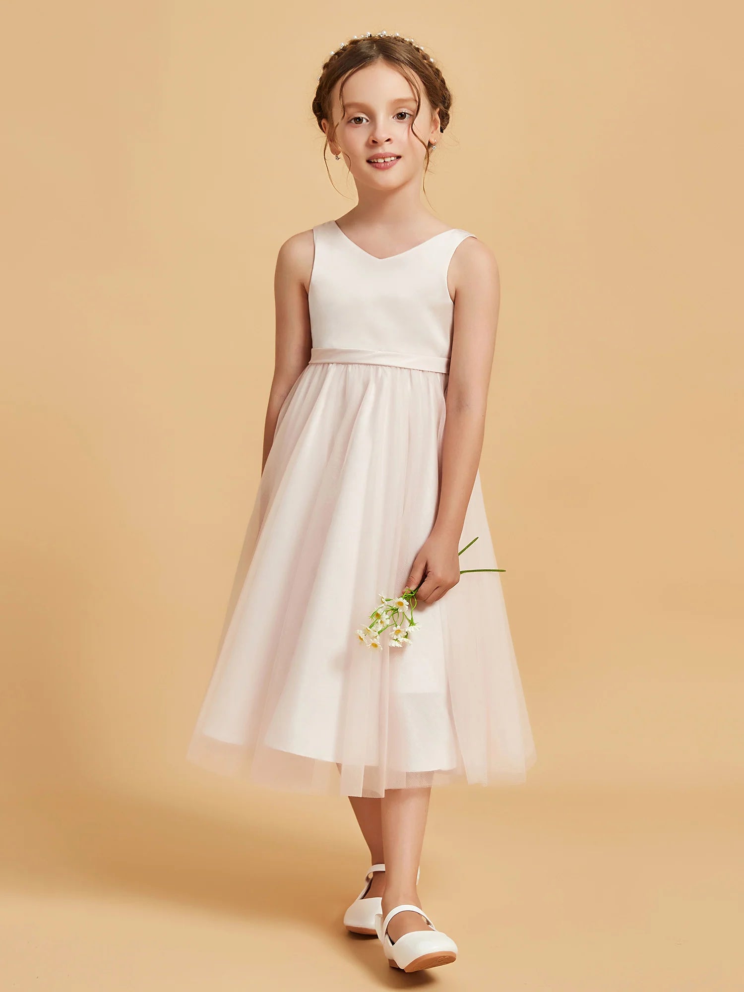 Sleeveless V Neck Keyhole Back Double Bow Blush Pink Tulle Midi Length Flower Girl Dresses