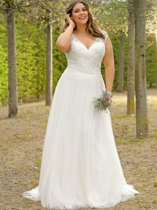 Sleeveless V Neck Lace Bodice Flowy Tulle A Line Plus Size Wedding Dress
