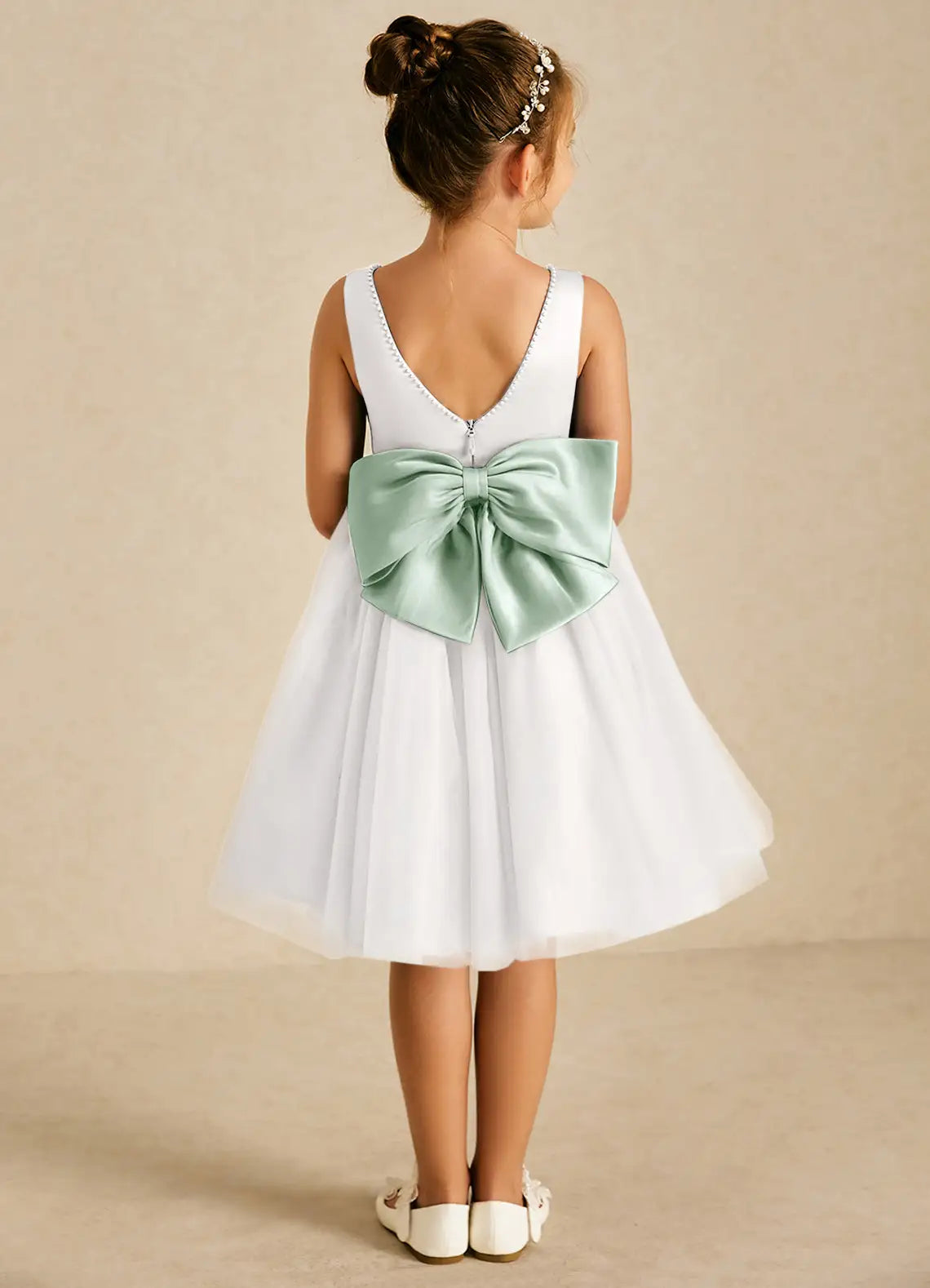 Sleeveless V Neck Pearl Trim Sage Sash Big Bow White Tulle Knee-Length Flower Girl Dresses