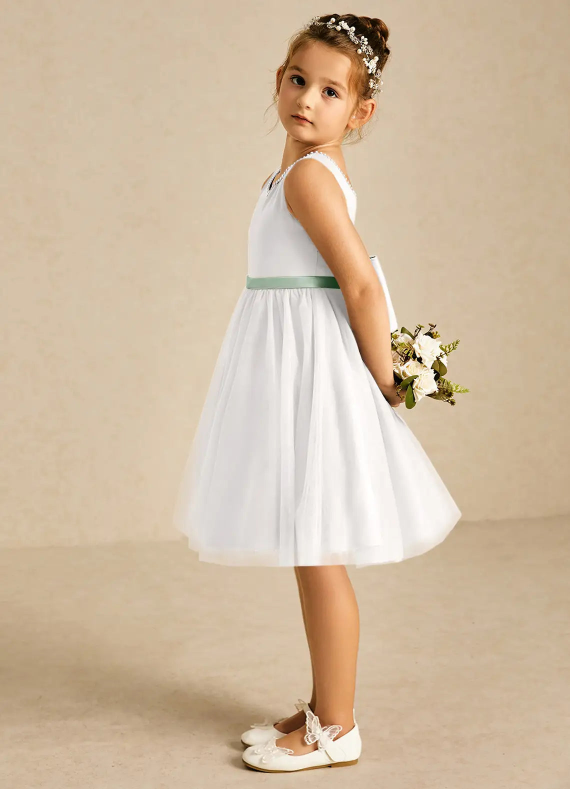 Sleeveless V Neck Pearl Trim Sage Sash Big Bow White Tulle Knee-Length Flower Girl Dresses
