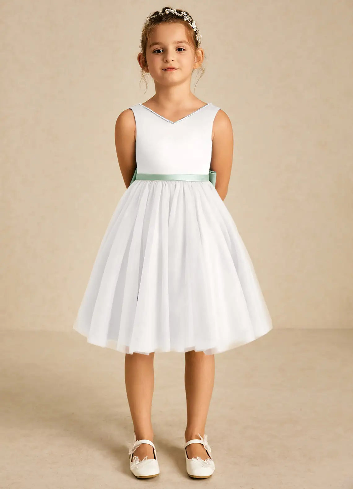 Sleeveless V Neck Pearl Trim Sage Sash Big Bow White Tulle Knee-Length Flower Girl Dresses