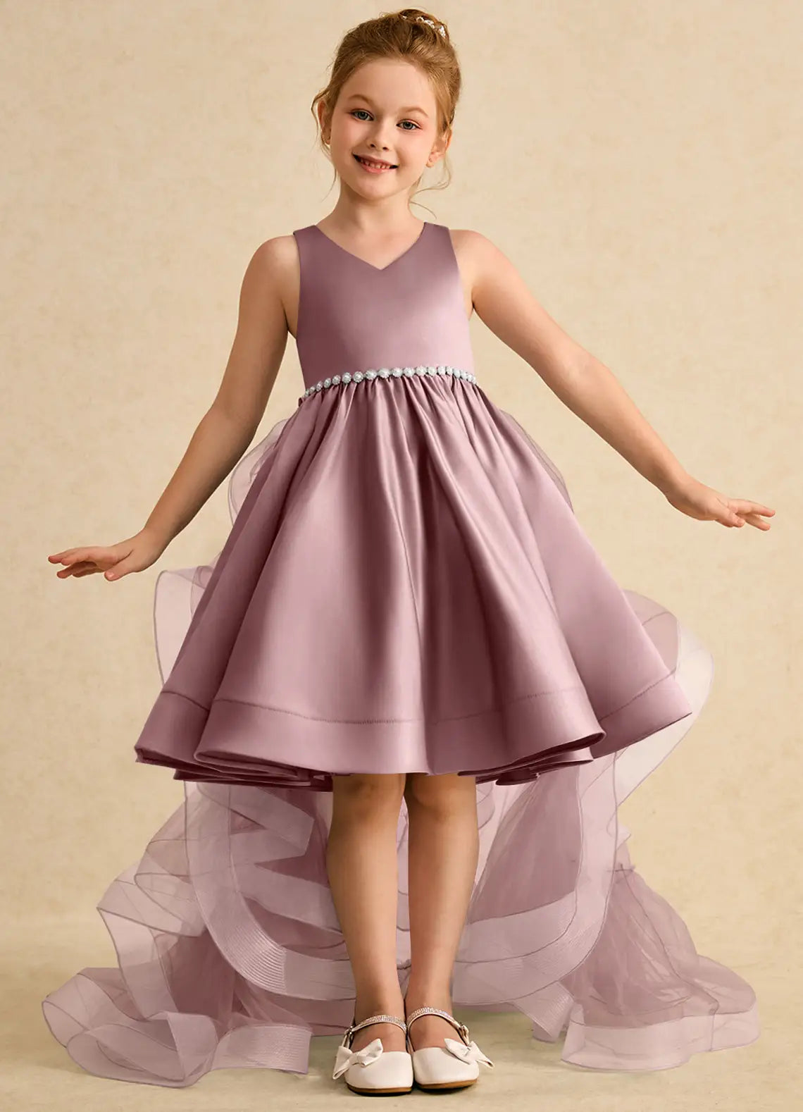 Sleeveless V-Neck Pearl Waist Hi-Lo Tulle Train Dusty Purple Satin Flower Girl Dresses