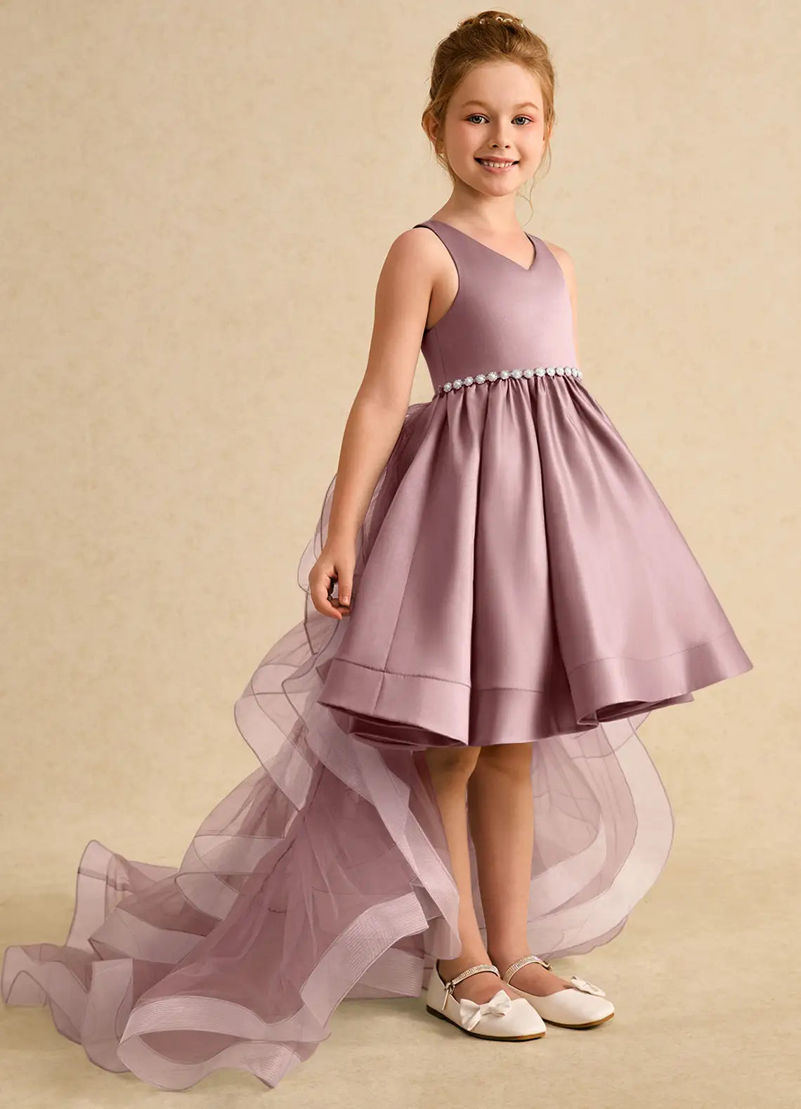 Sleeveless V-Neck Pearl Waist Hi-Lo Tulle Train Dusty Purple Satin Flower Girl Dresses
