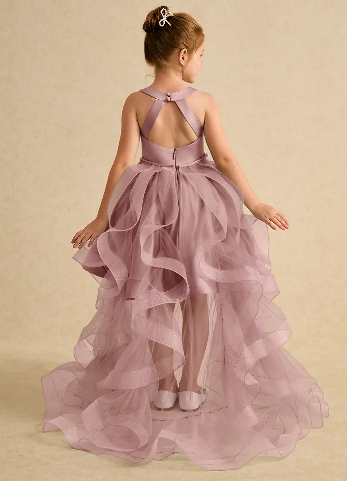 Sleeveless V-Neck Pearl Waist Hi-Lo Tulle Train Dusty Purple Satin Flower Girl Dresses