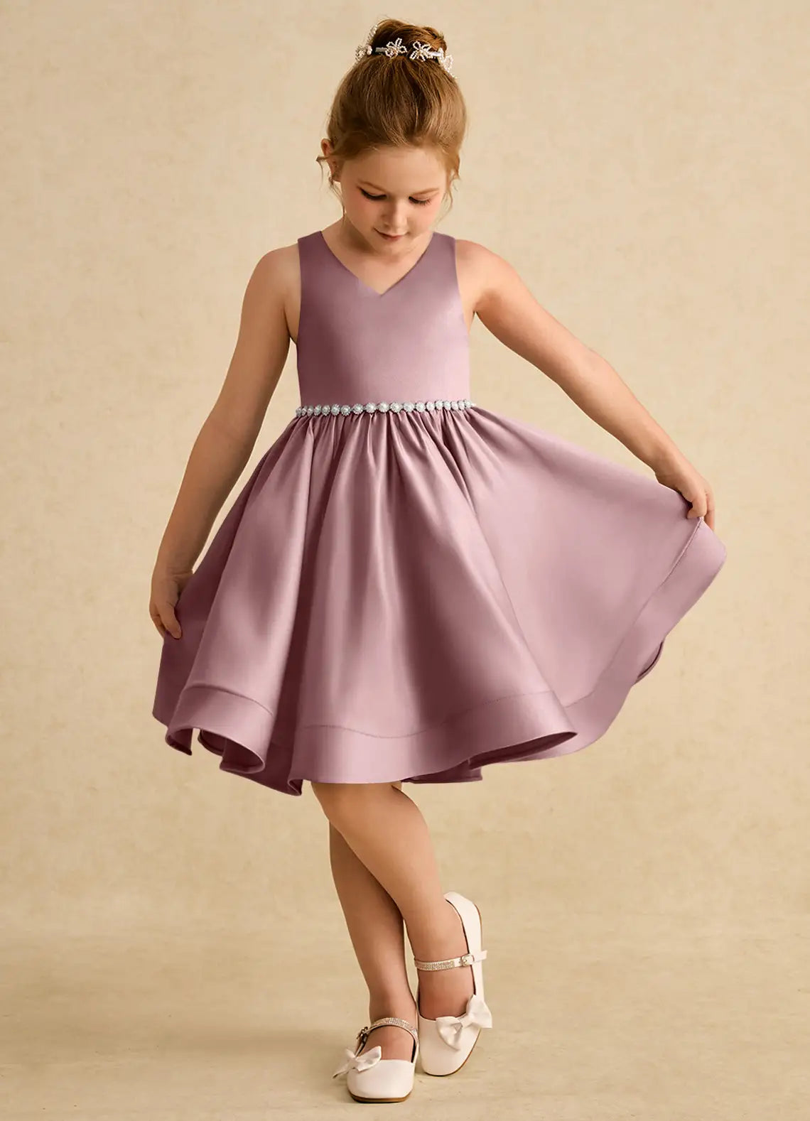 Sleeveless V-Neck Pearl Waist Hi-Lo Tulle Train Dusty Purple Satin Flower Girl Dresses