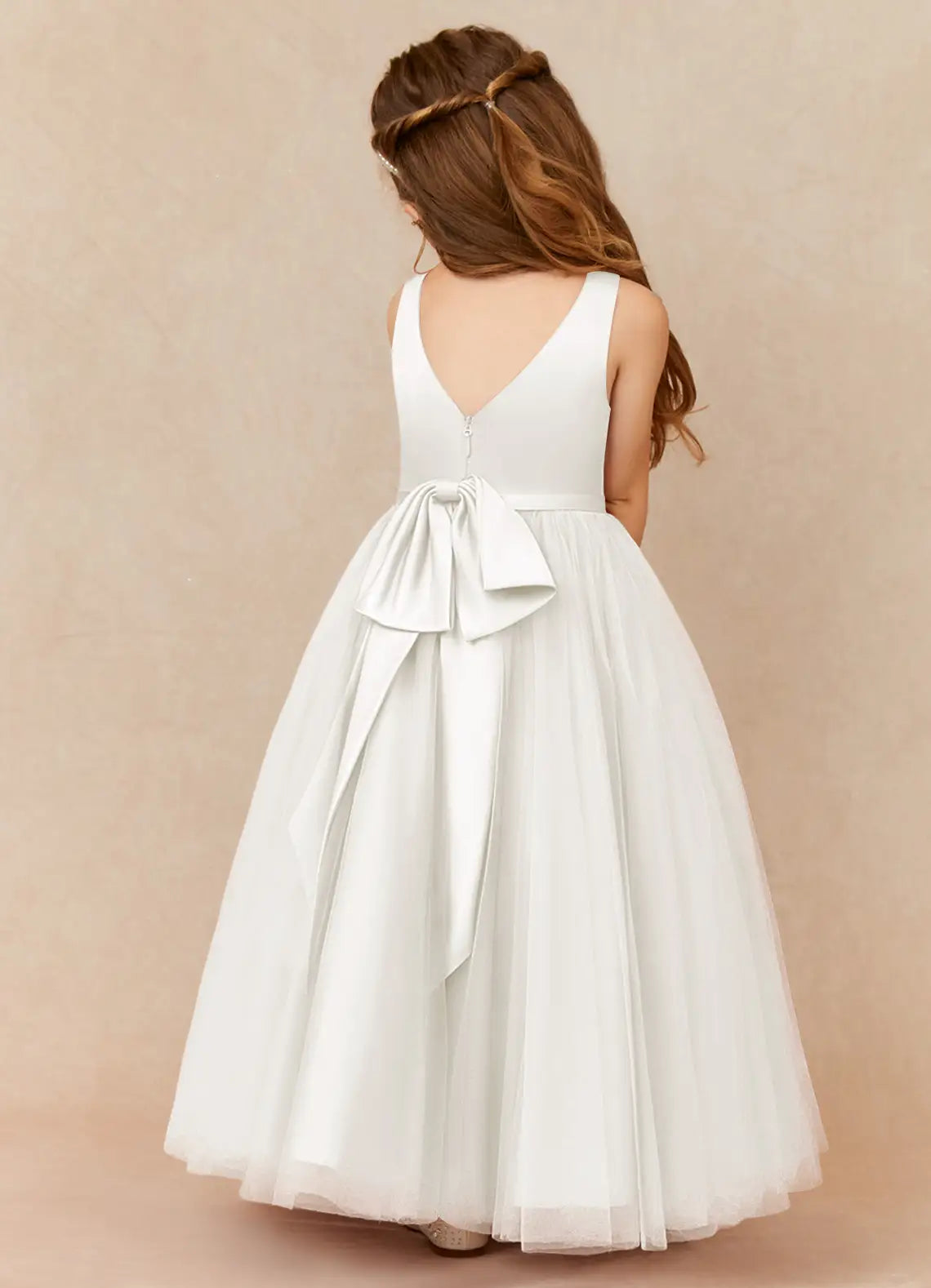 Sleeveless V-Neck Satin Bodice Big Bow White Tulle Full-Length Flower Girl Dresses