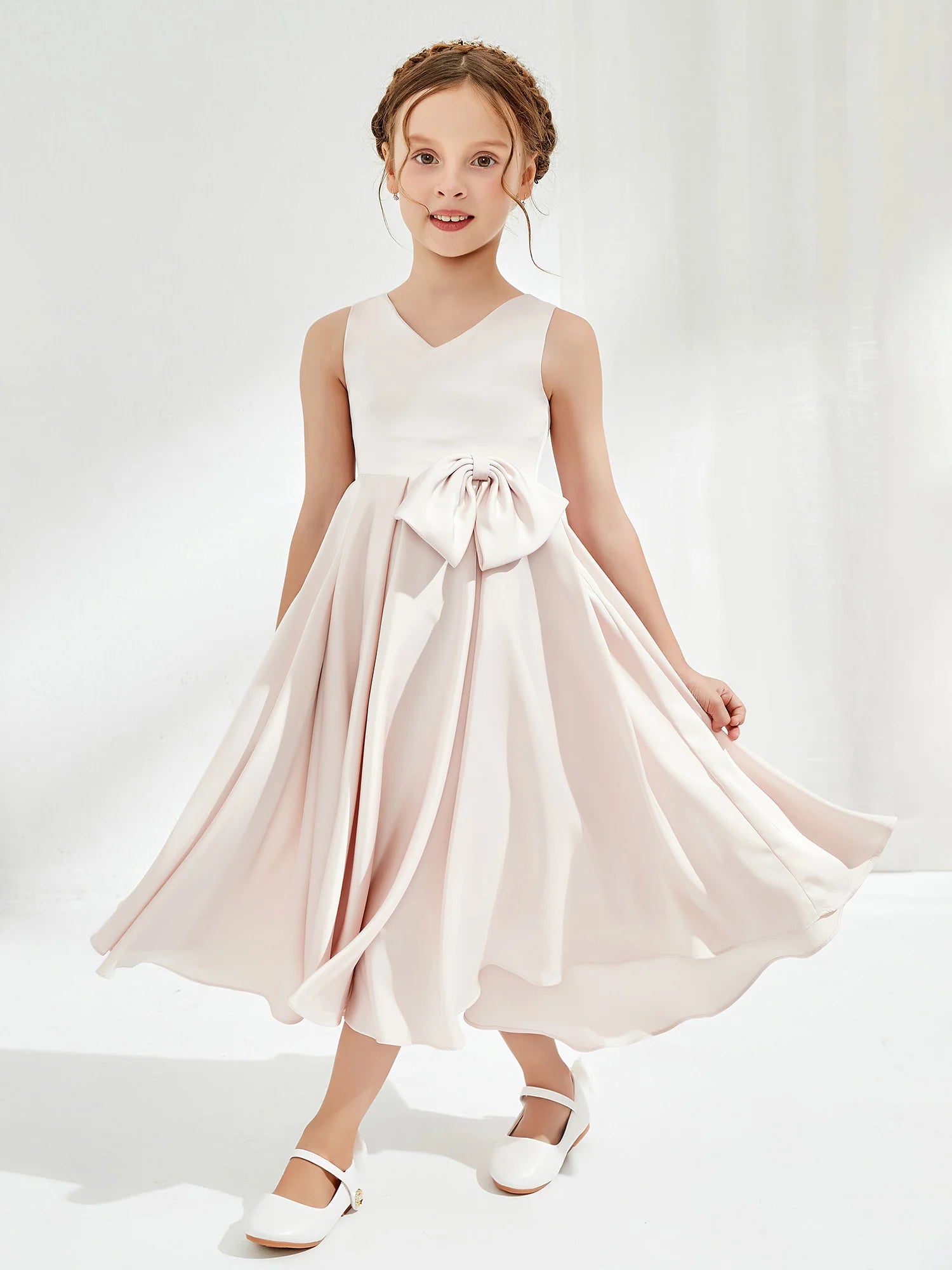 Sleeveless V Neck Side Big Bow Blush Satin Midi High Low Flower Girl Dresses