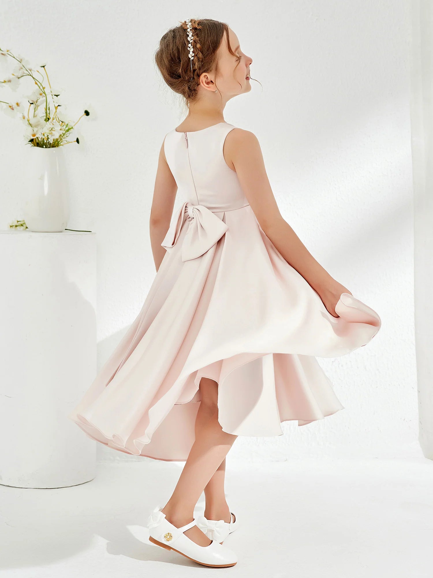 Sleeveless V Neck Side Big Bow Blush Satin Midi High Low Flower Girl Dresses