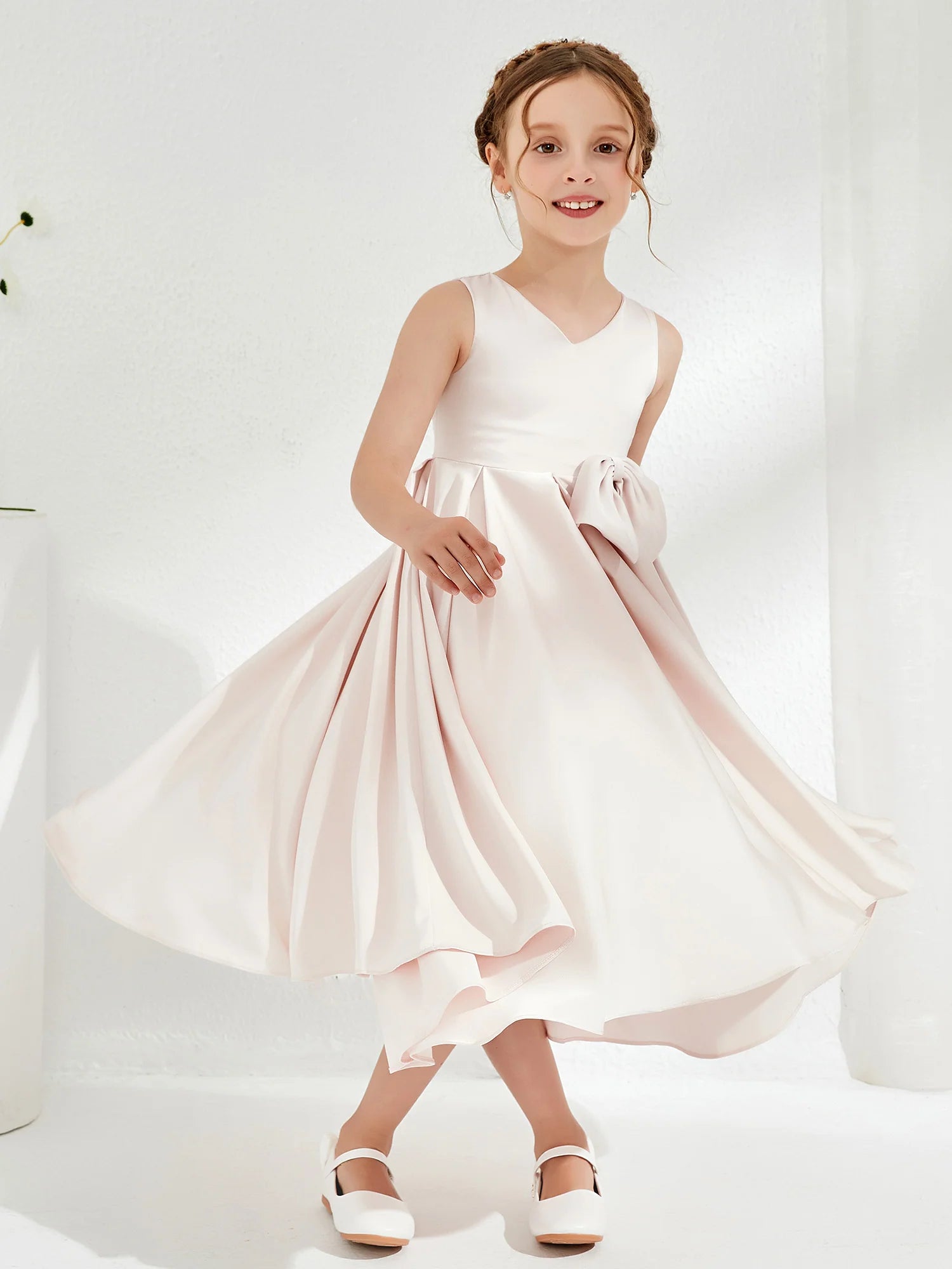 Sleeveless V Neck Side Big Bow Blush Satin Midi High Low Flower Girl Dresses