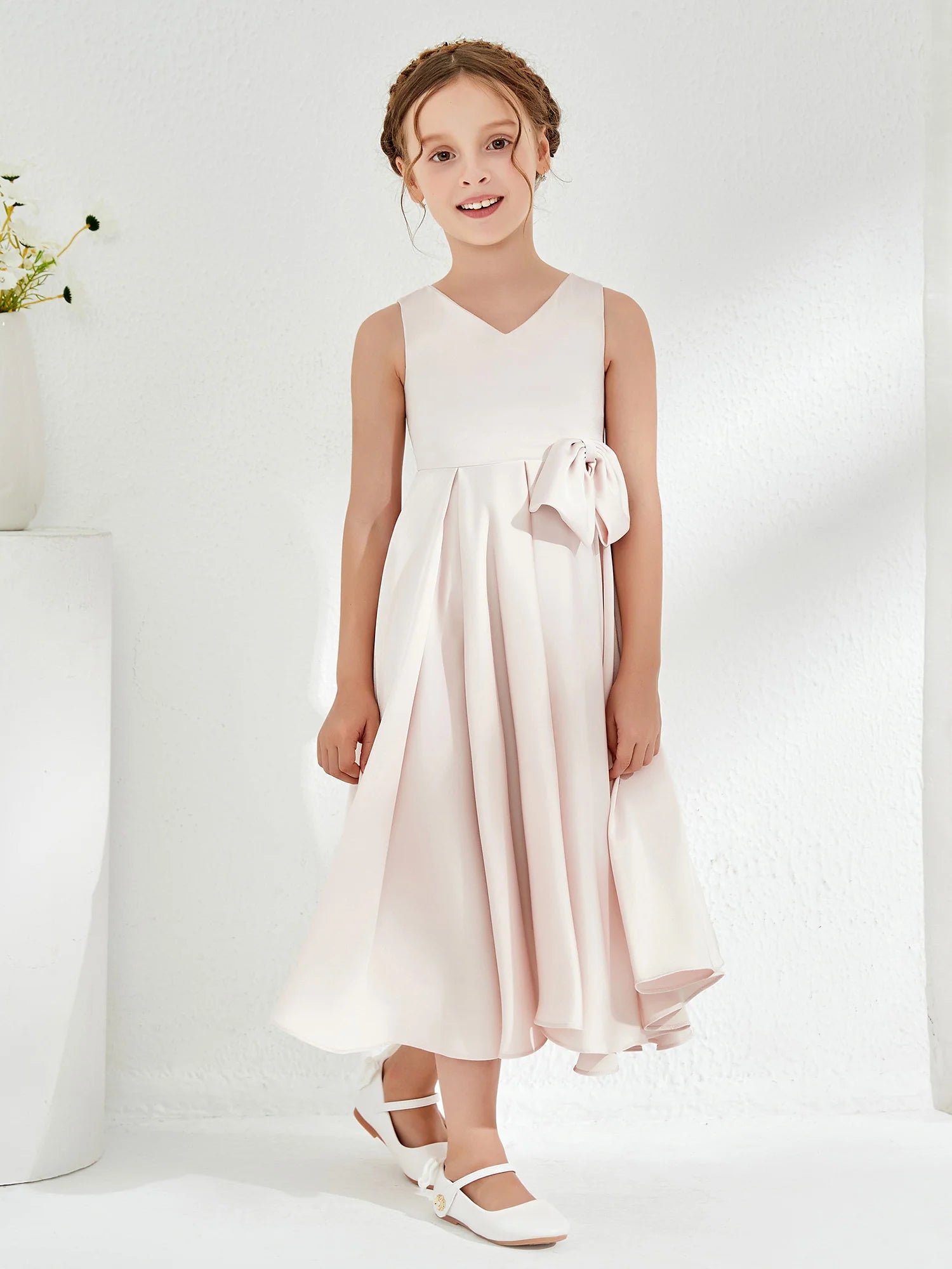 Sleeveless V Neck Side Big Bow Blush Satin Midi High Low Flower Girl Dresses