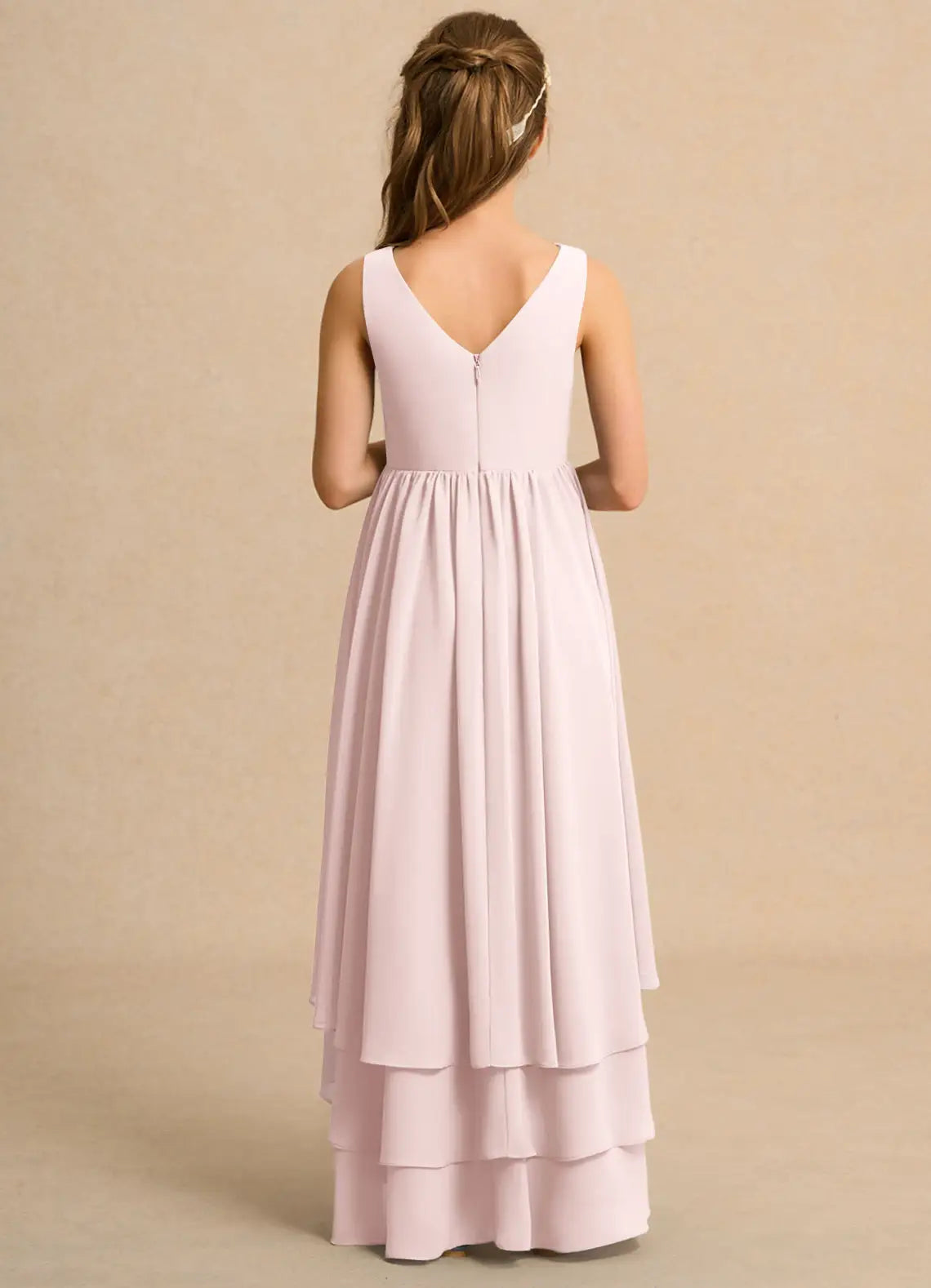 Sleeveless V-Neck Tiered High Low Pink Chiffon Junior Bridesmaid Dresses