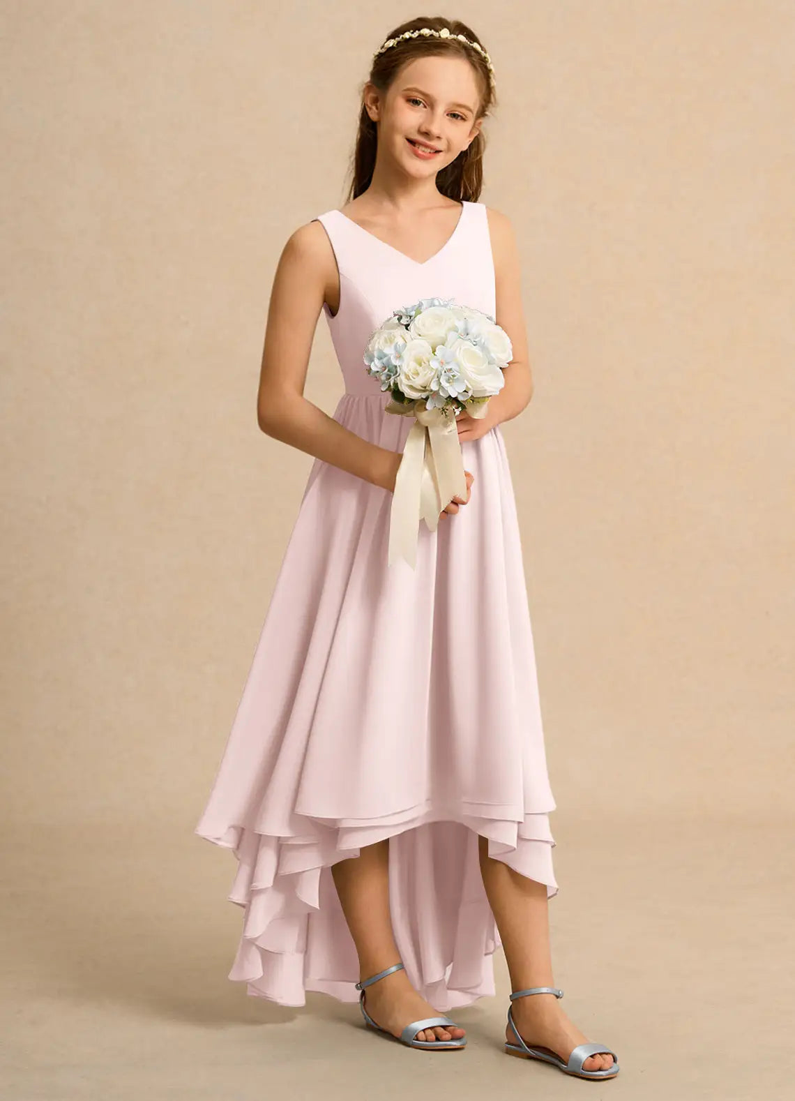 Sleeveless V-Neck Tiered High Low Pink Chiffon Junior Bridesmaid Dresses