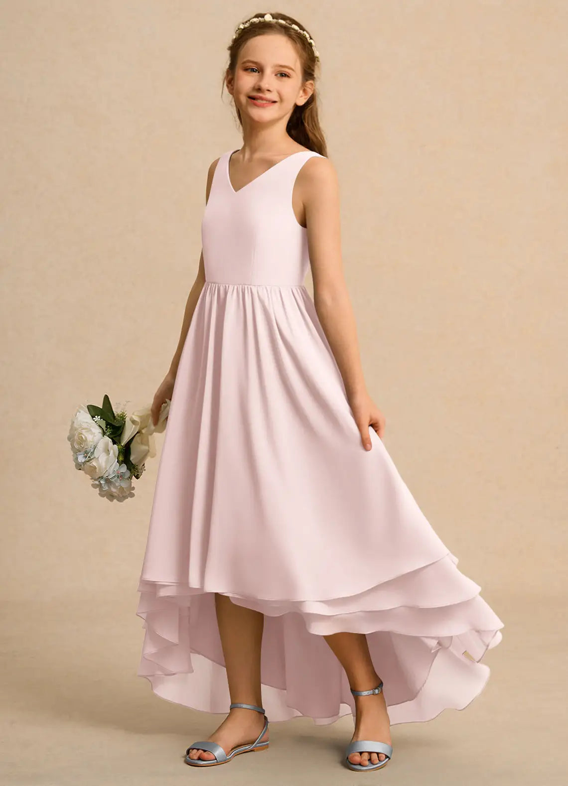 Sleeveless V-Neck Tiered High Low Pink Chiffon Junior Bridesmaid Dresses
