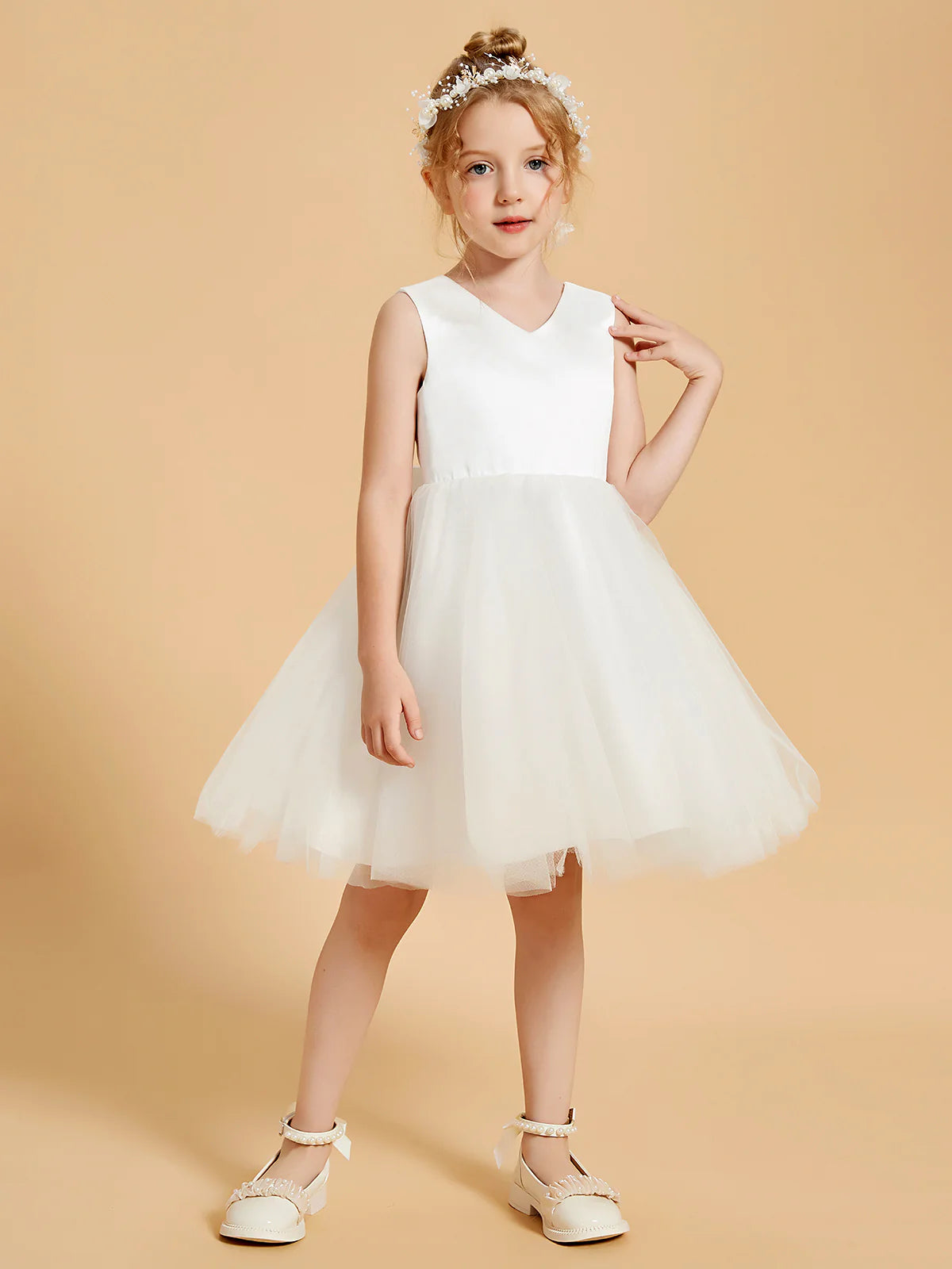 Sleeveless V Neck V Back Large Satin Bow White Satin Tulle Knee Length Flower Girl Dresses