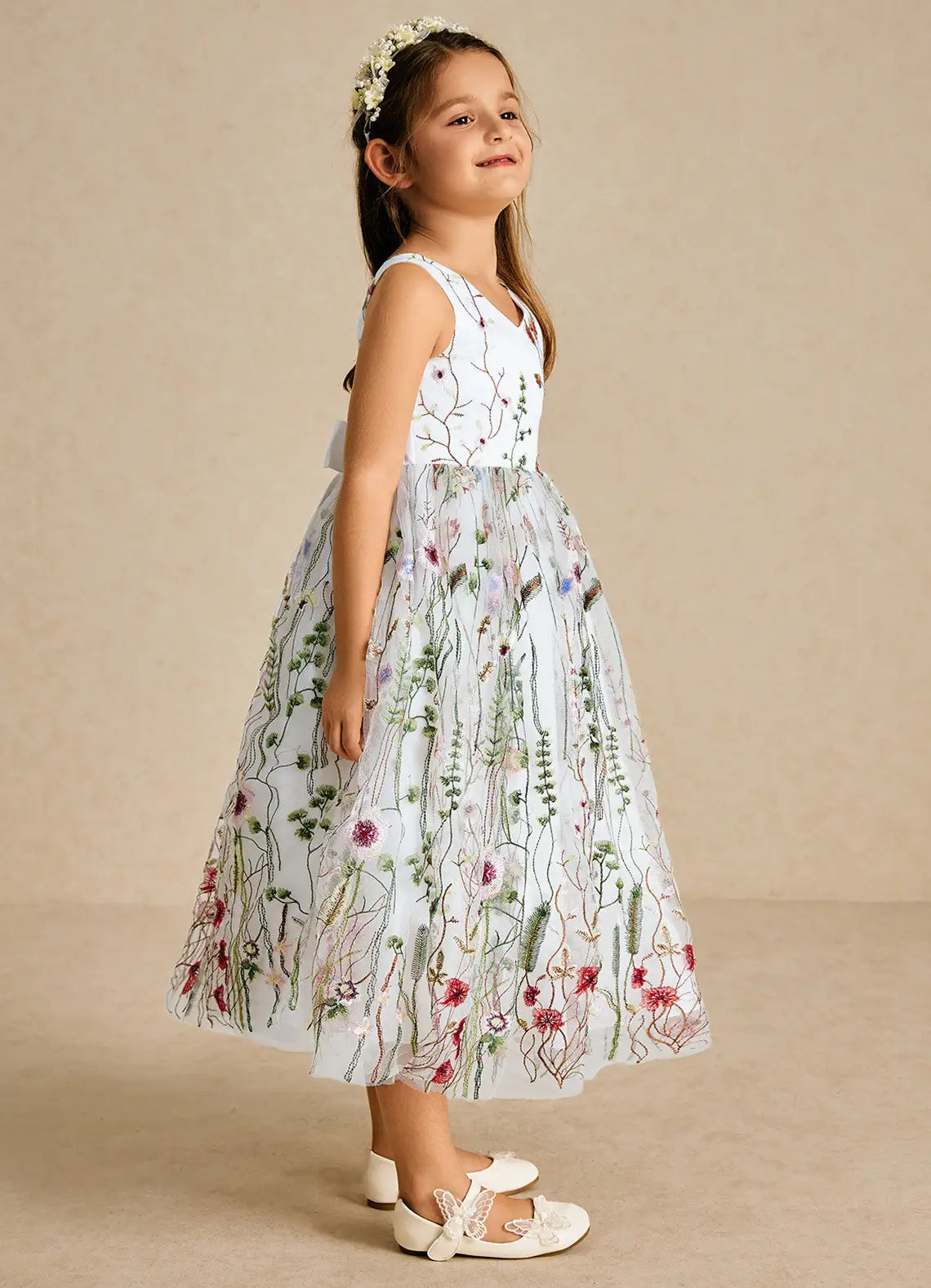 Sleeveless V-Neck Wildflower Embroidered White Tulle Midi Flower Girl Dresses