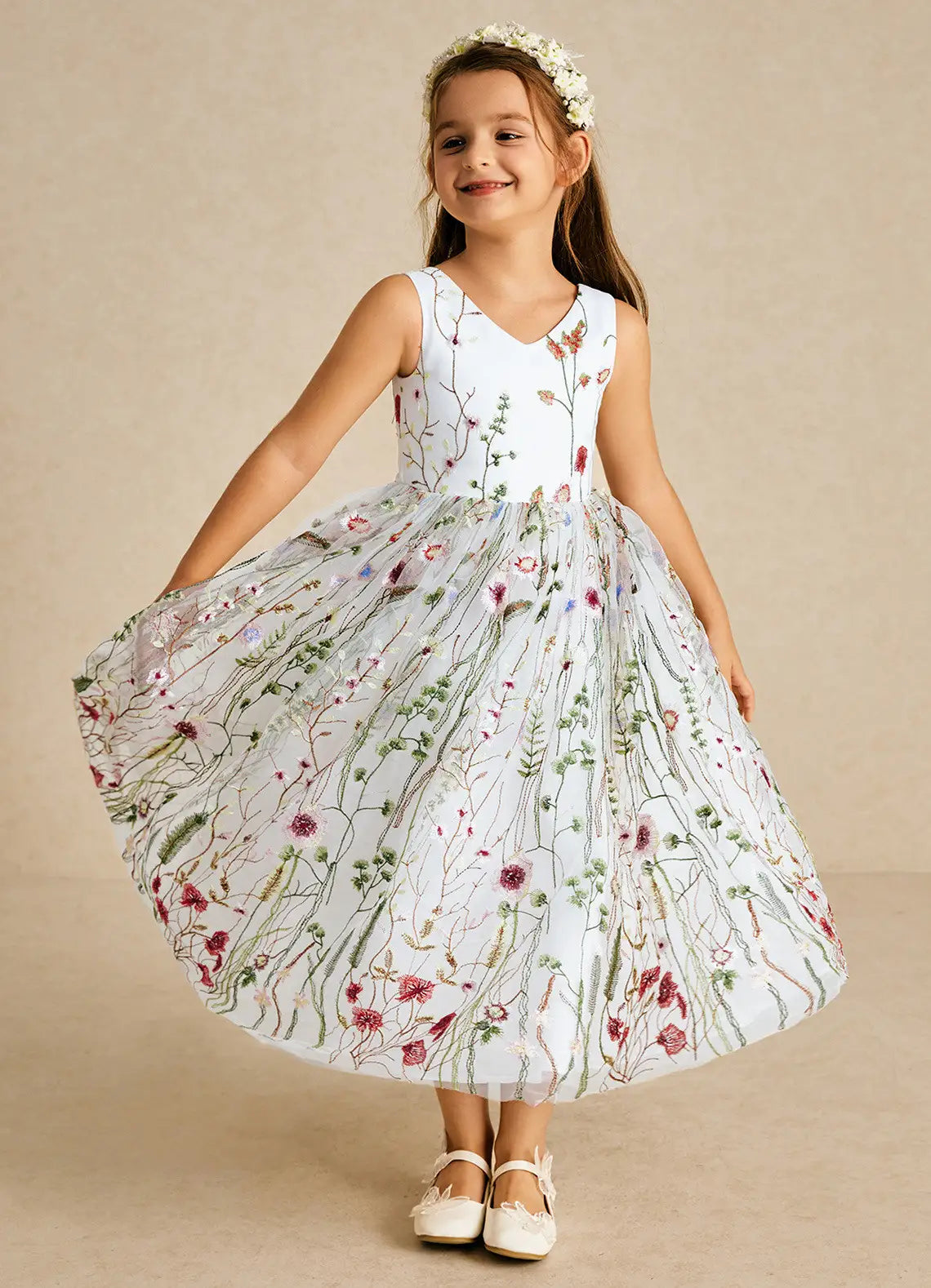 Sleeveless V-Neck Wildflower Embroidered White Tulle Midi Flower Girl Dresses