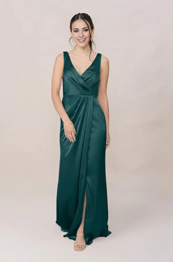 Sleeveless V Neck Wrap Front High Slit Mermaid Satin Long Bridesmaid Dress