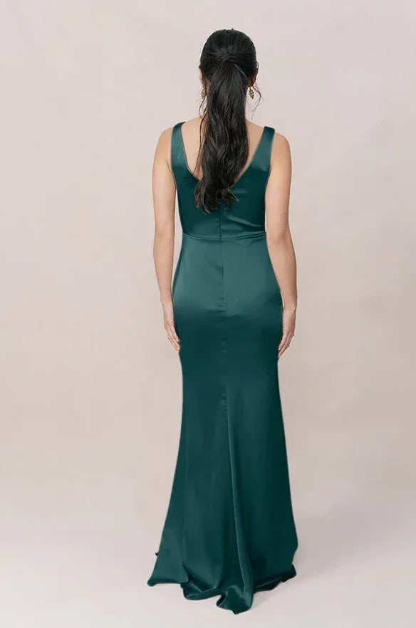 Sleeveless V Neck Wrap Front High Slit Mermaid Satin Long Bridesmaid Dress