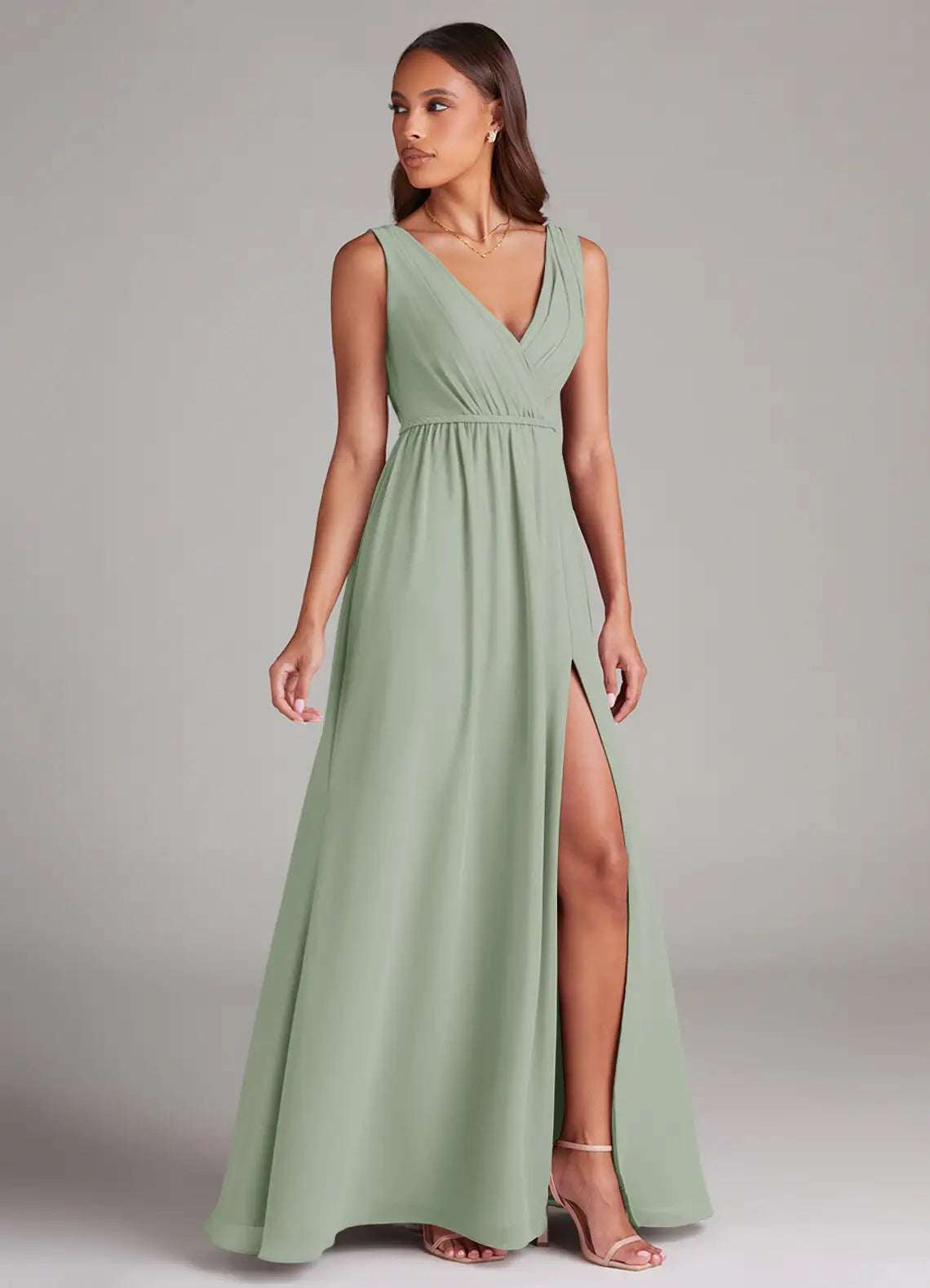 Sleeveless Wrap V Neck Empire Waist High Slit Low V Back Maxi Chiffon Bridesmaid Dress