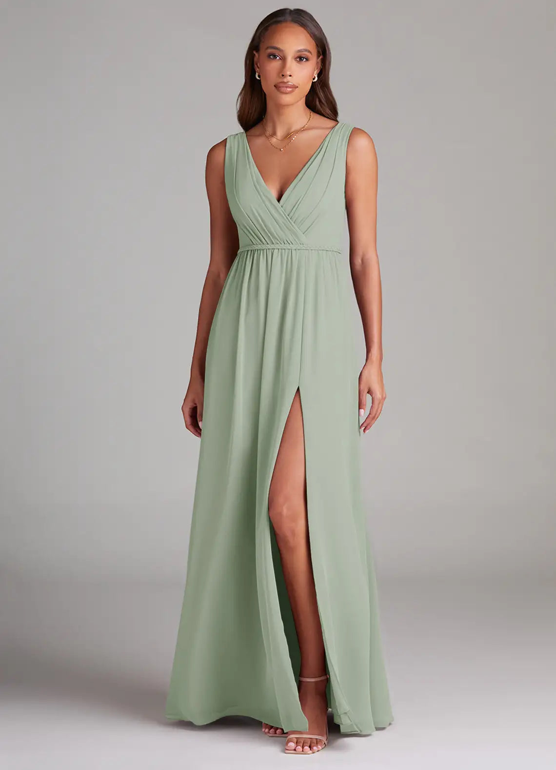 Sleeveless Wrap V Neck Empire Waist High Slit Low V Back Maxi Chiffon Bridesmaid Dress