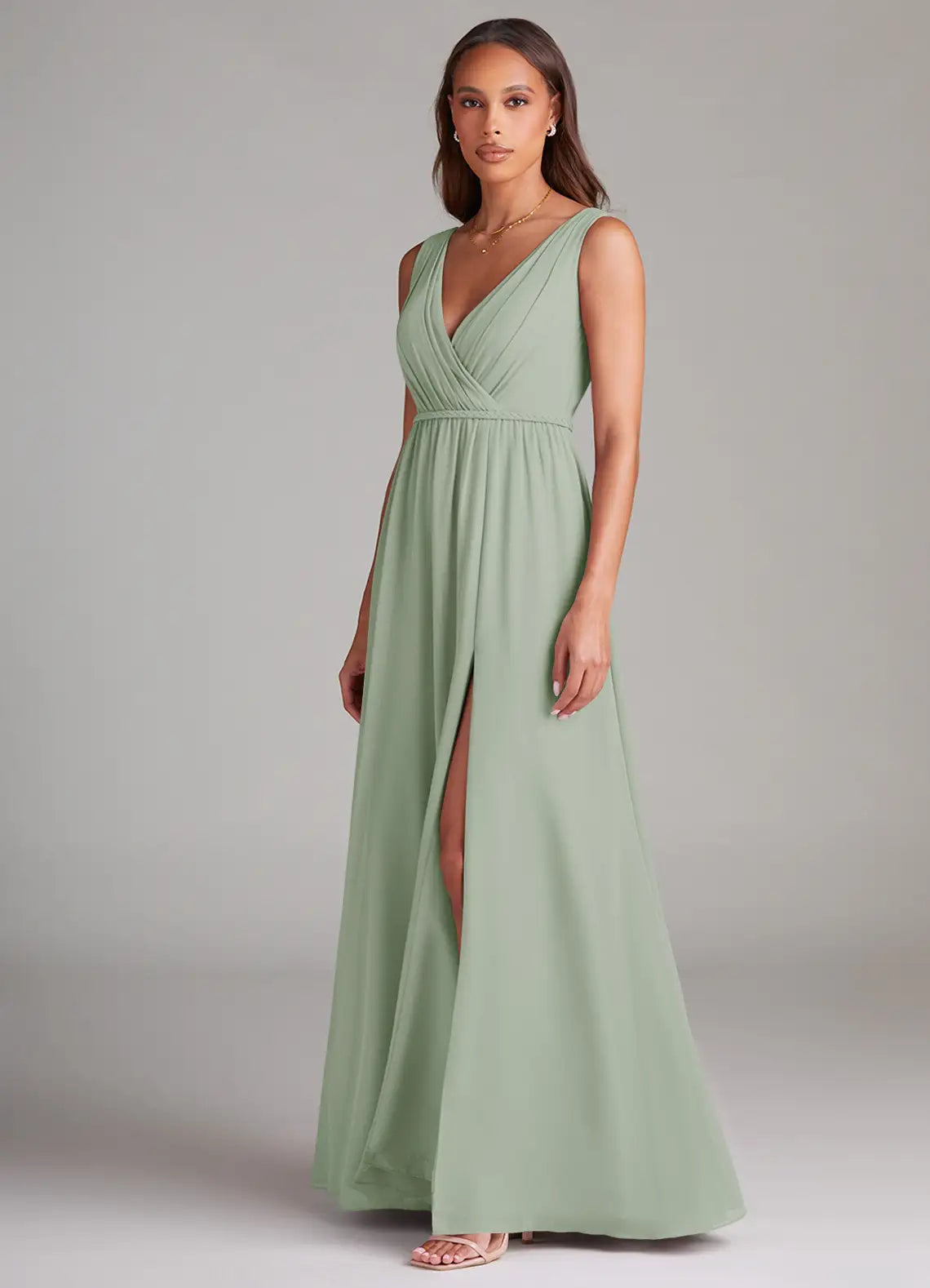 Sleeveless Wrap V Neck Empire Waist High Slit Low V Back Maxi Chiffon Bridesmaid Dress