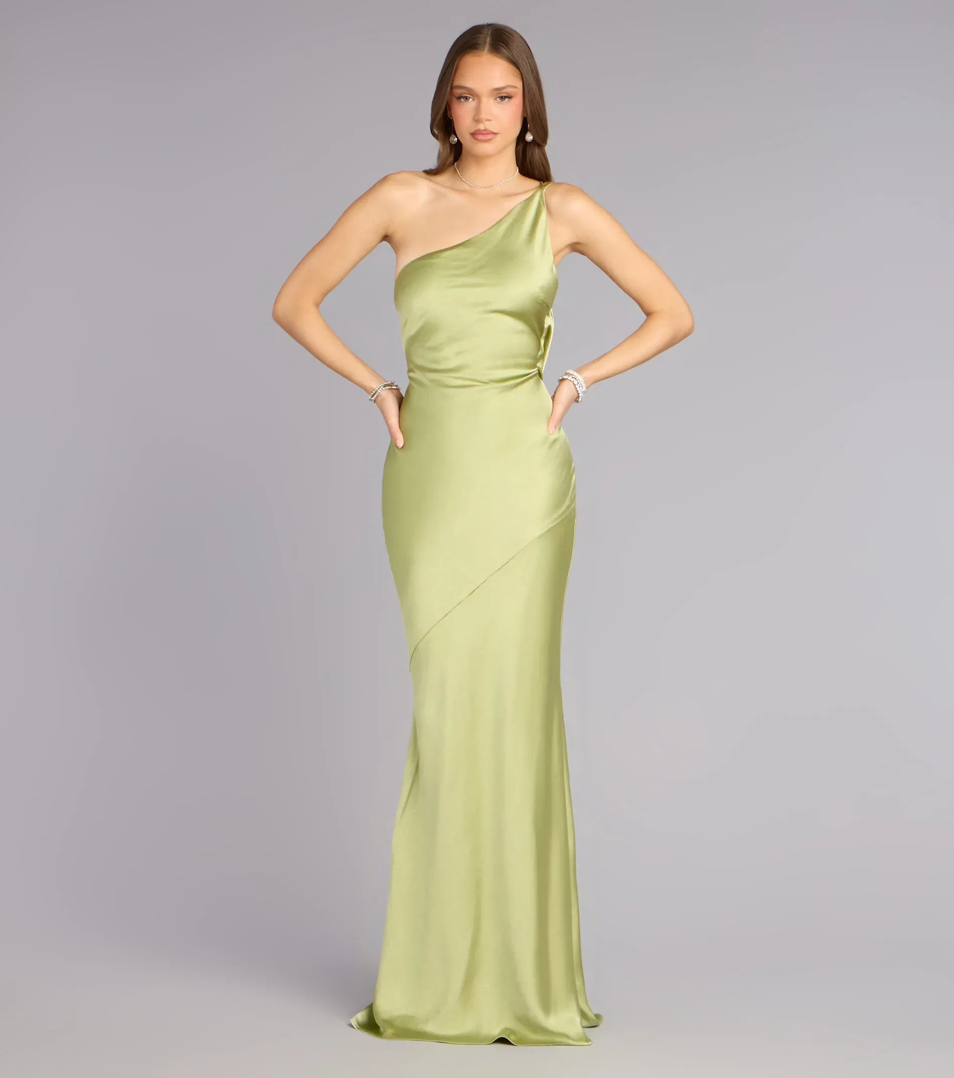 Slim Mermaid One-Shoulder Lace-Up-Back Cowl Satin Maxi Wedding Guest Dress