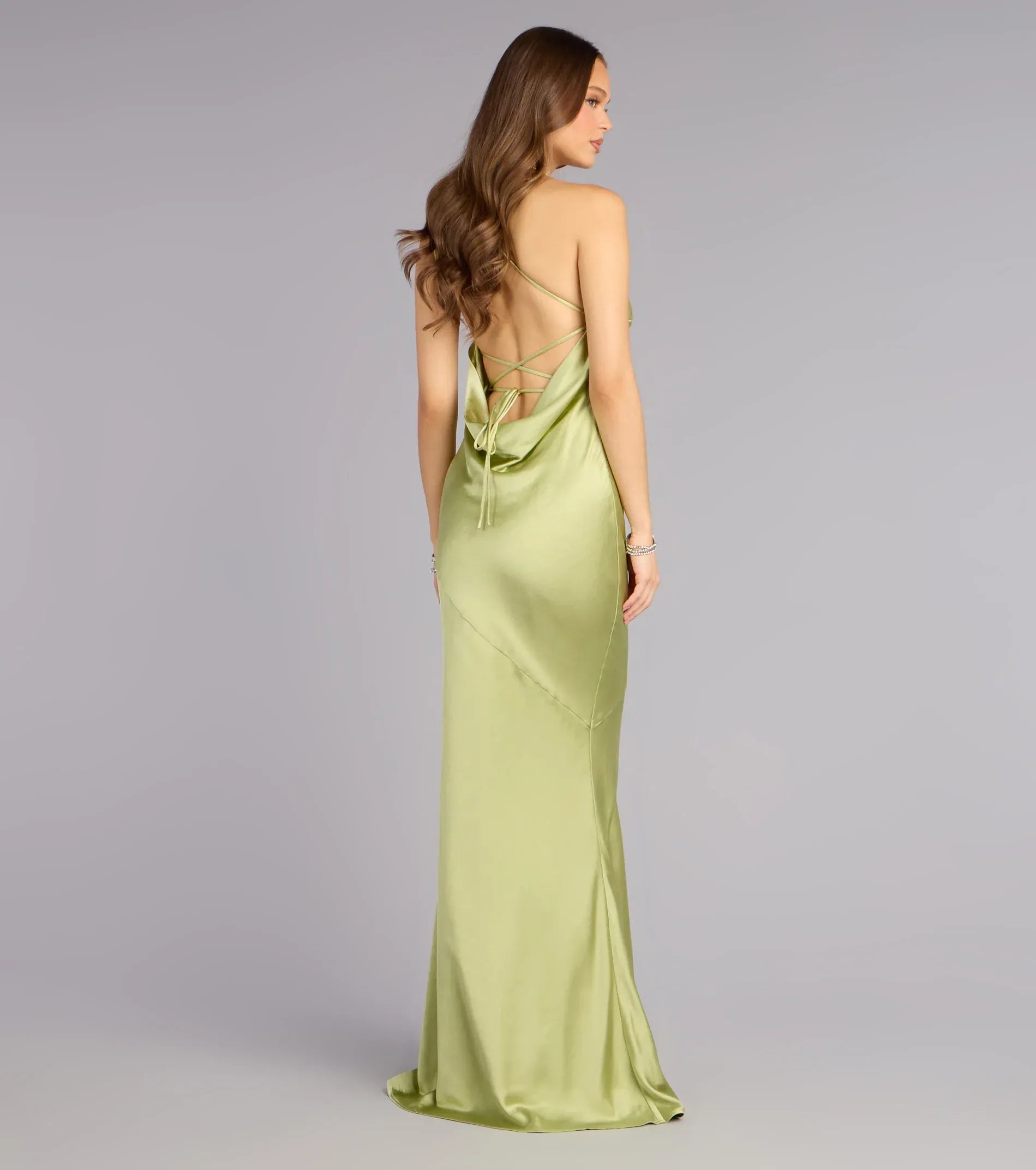 Slim Mermaid One-Shoulder Lace-Up-Back Cowl Satin Maxi Wedding Guest Dress