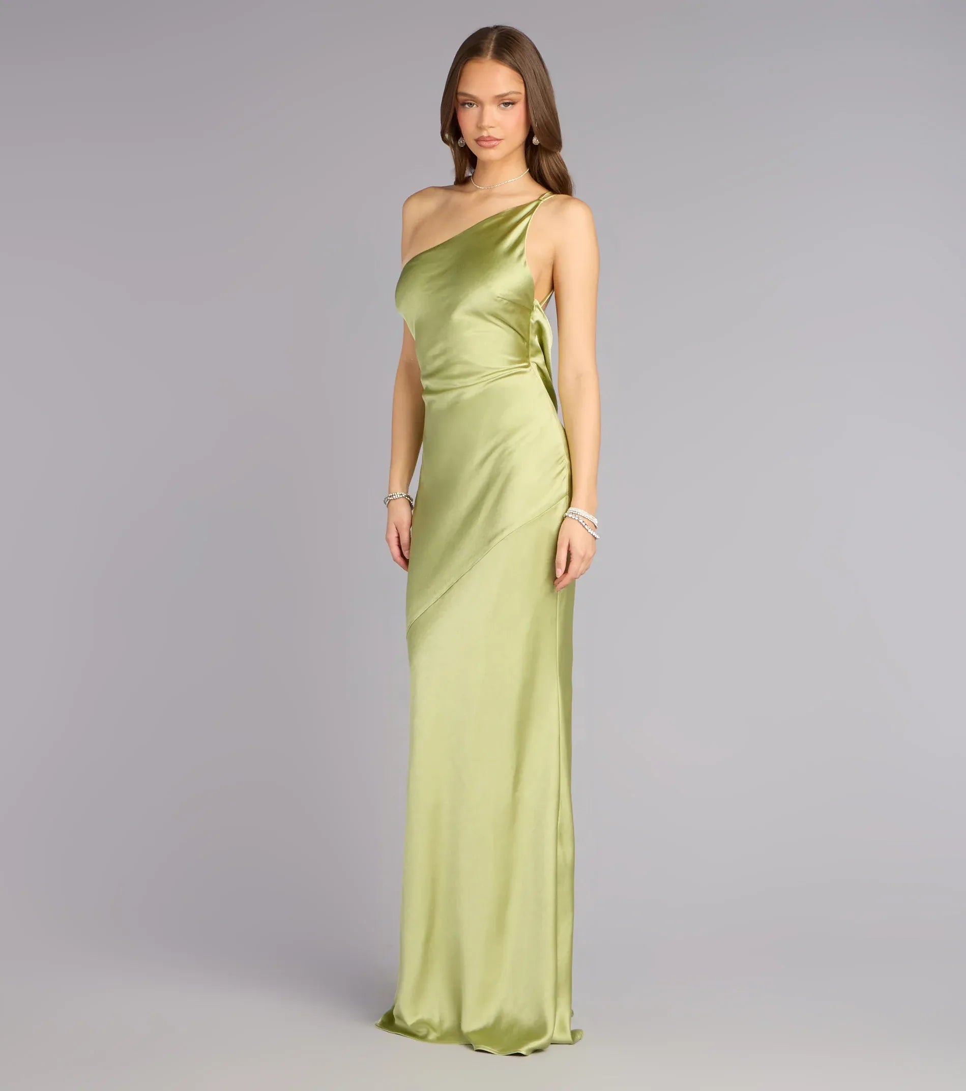 Slim Mermaid One-Shoulder Lace-Up-Back Cowl Satin Maxi Wedding Guest Dress