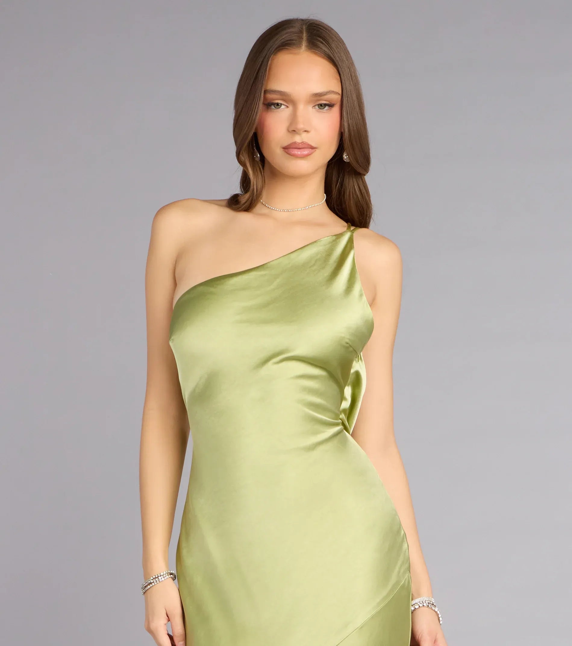 Slim Mermaid One-Shoulder Lace-Up-Back Cowl Satin Maxi Wedding Guest Dress