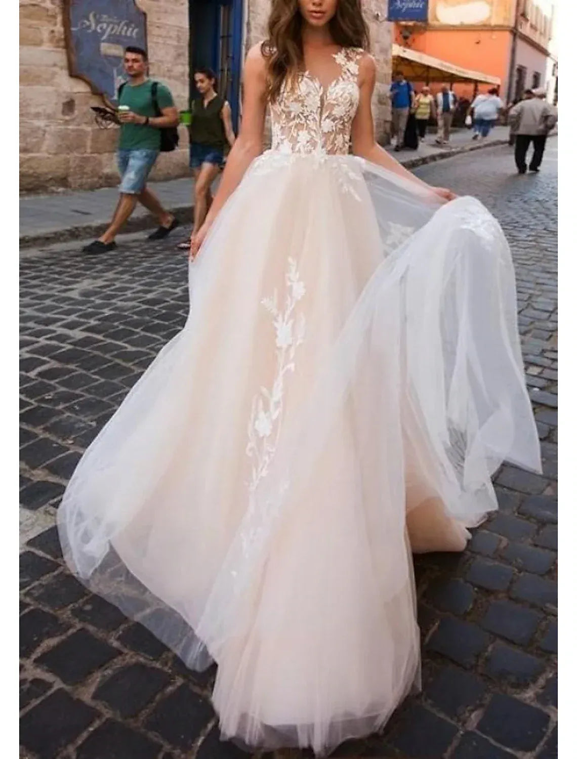 Soft A-Line Plunge V Spaghetti Strap Cutout Back Train Wedding Dress