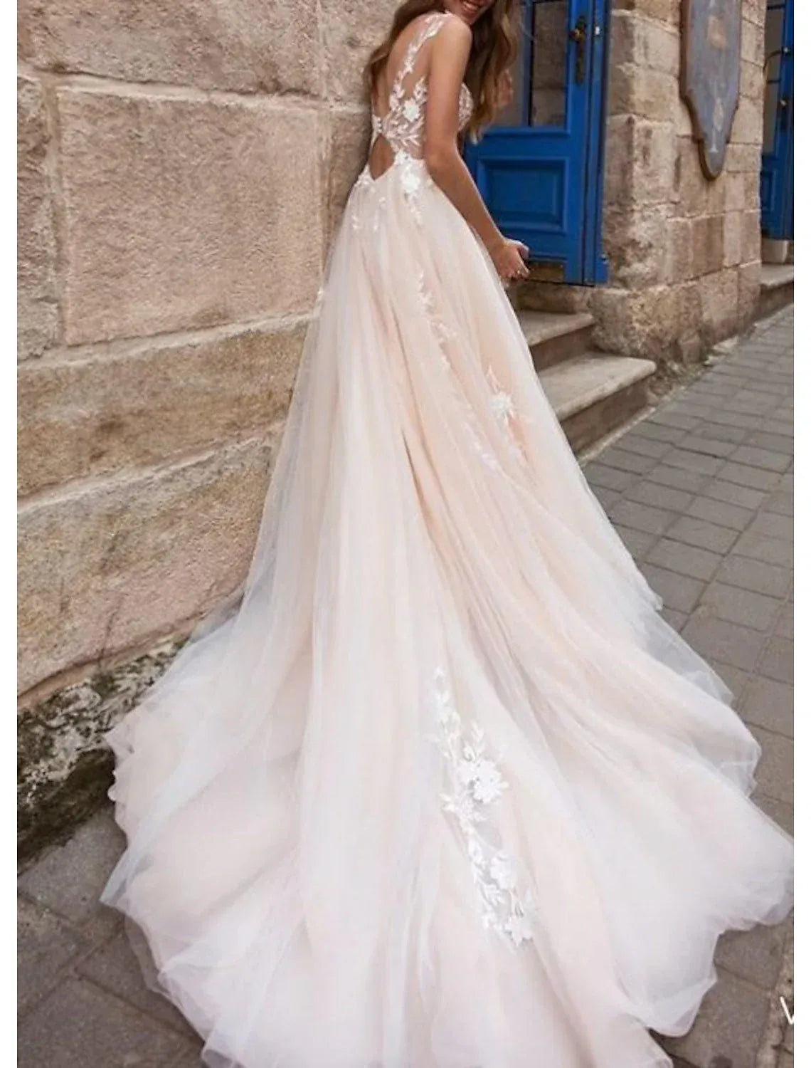 Soft A-Line Plunge V Spaghetti Strap Cutout Back Train Wedding Dress
