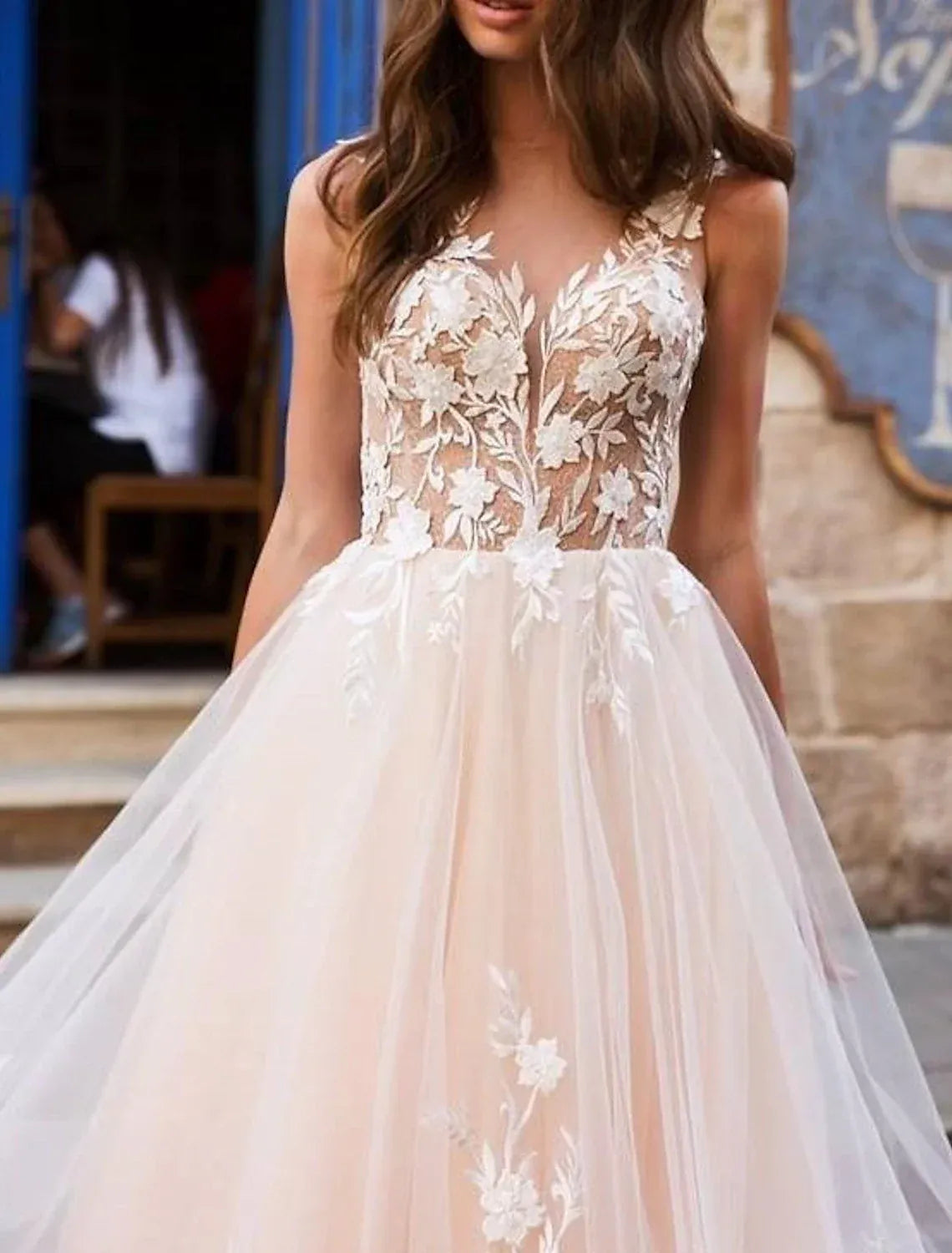 Soft A-Line Plunge V Spaghetti Strap Cutout Back Train Wedding Dress