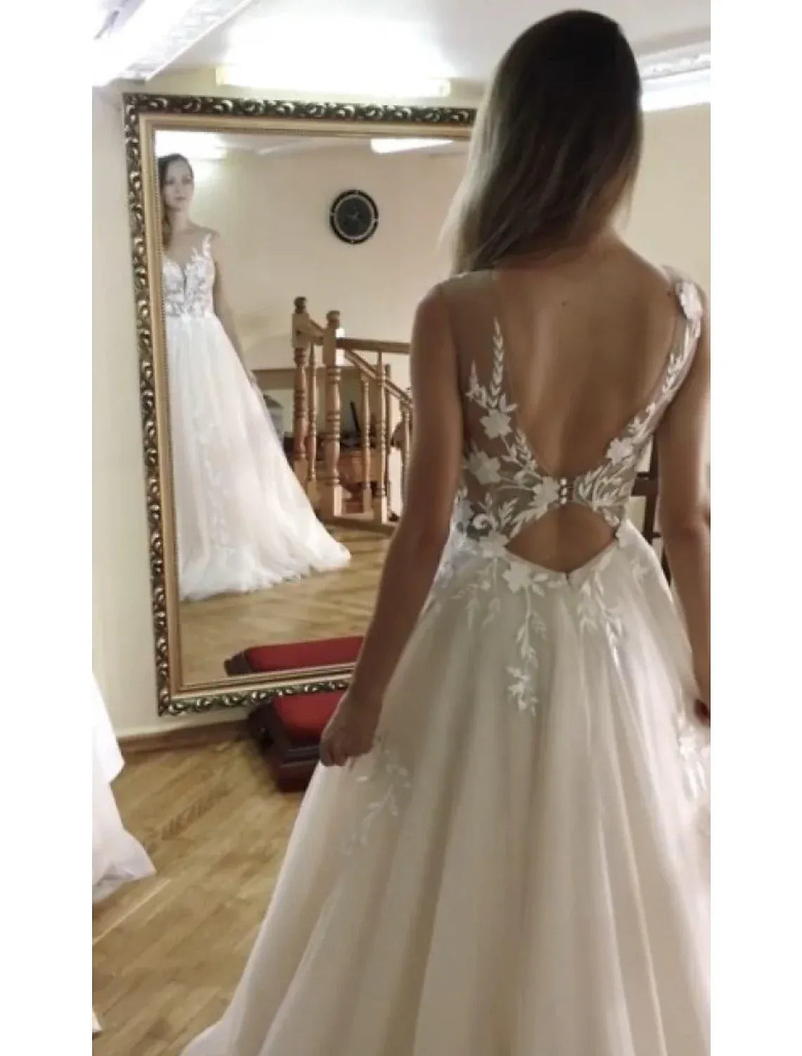 Soft A-Line Plunge V Spaghetti Strap Cutout Back Train Wedding Dress