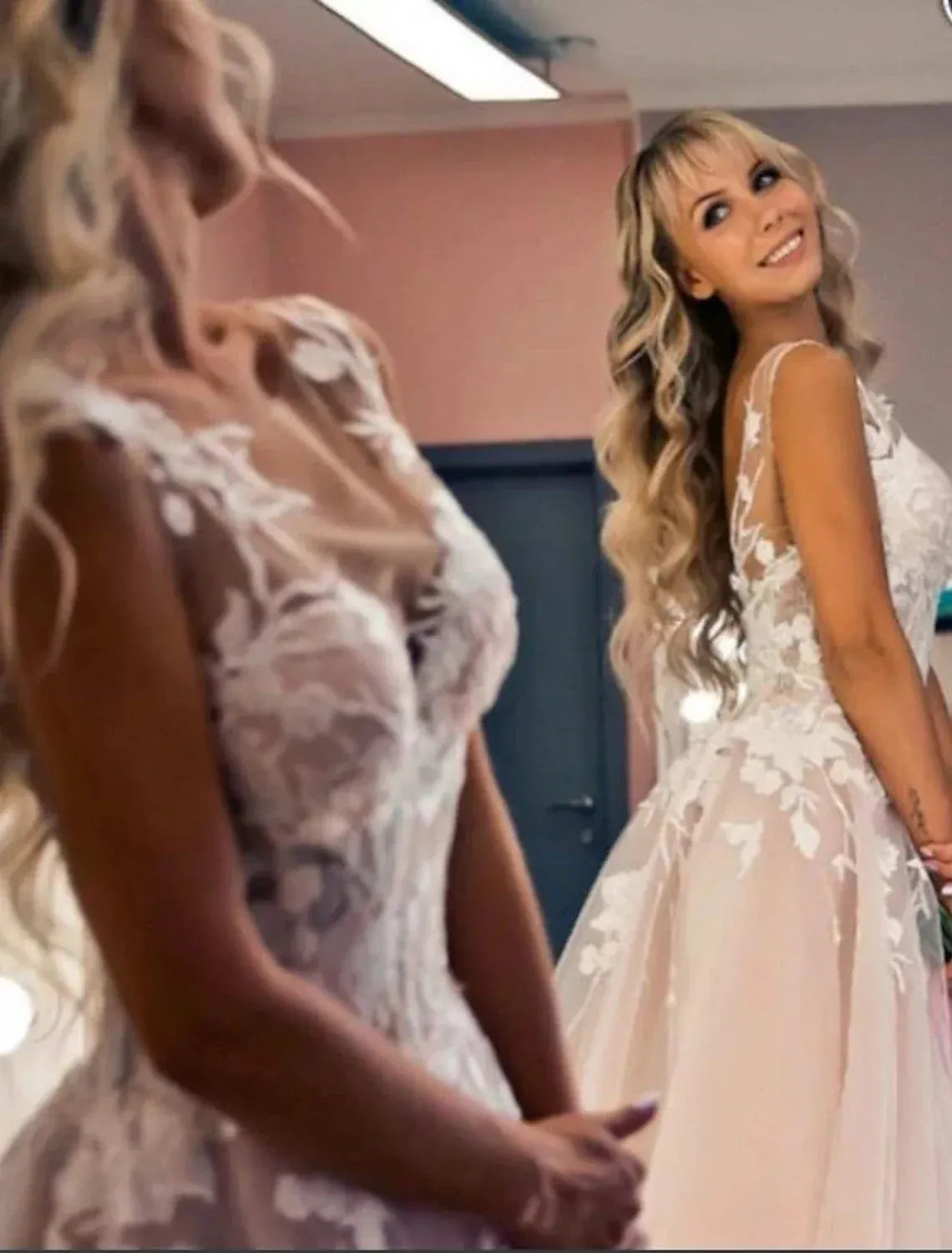 Soft A-Line Plunge V Spaghetti Strap Cutout Back Train Wedding Dress