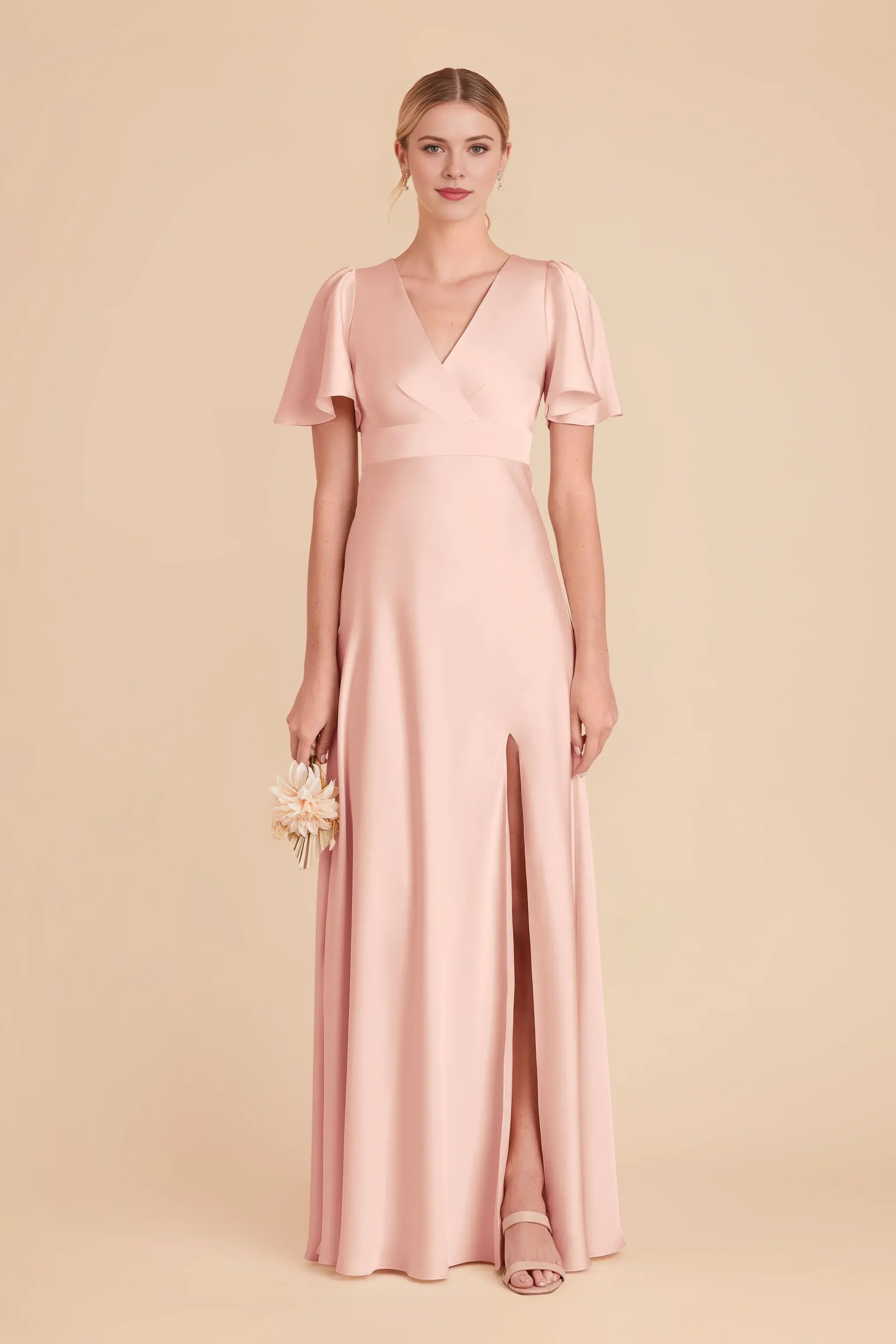 Soft A Line V Neck Flutter Sleeve Plain Back Floor Length Wedding Bridesmaid Dress