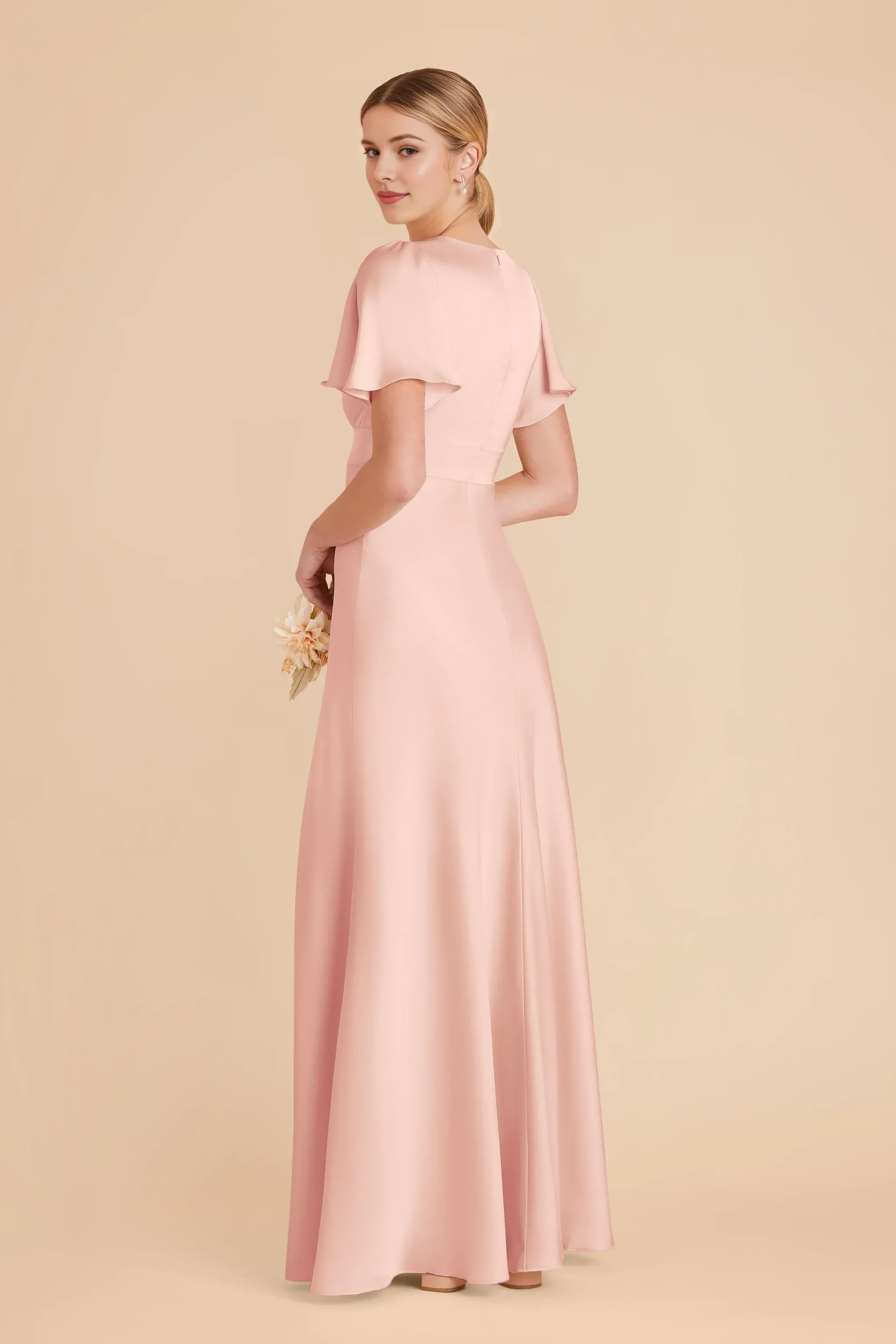 Soft A Line V Neck Flutter Sleeve Plain Back Floor Length Wedding Bridesmaid Dress