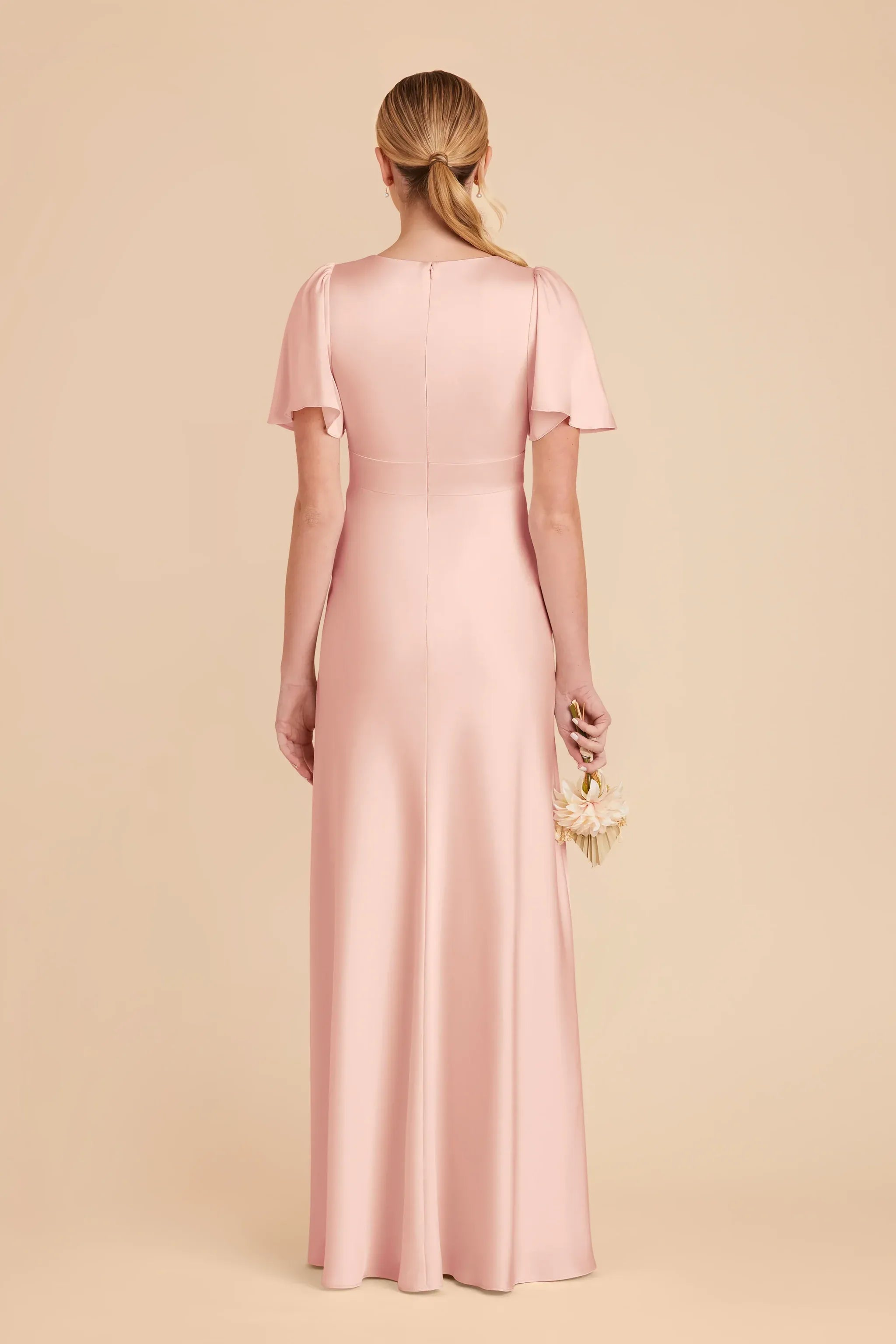 Soft A Line V Neck Flutter Sleeve Plain Back Floor Length Wedding Bridesmaid Dress