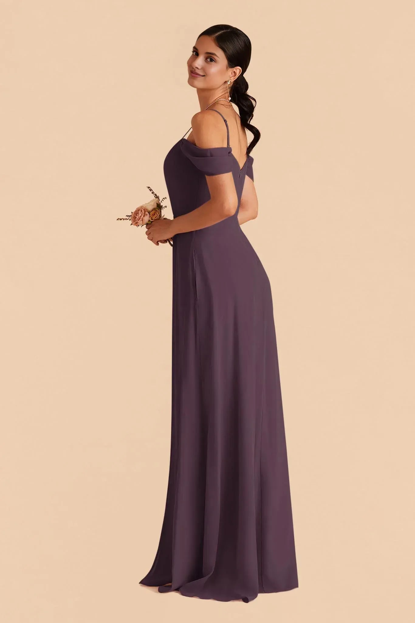 Soft A-Line V-Neck Off Shoulder Spaghetti Strap Low Back Maxi Wedding Bridesmaid Dress