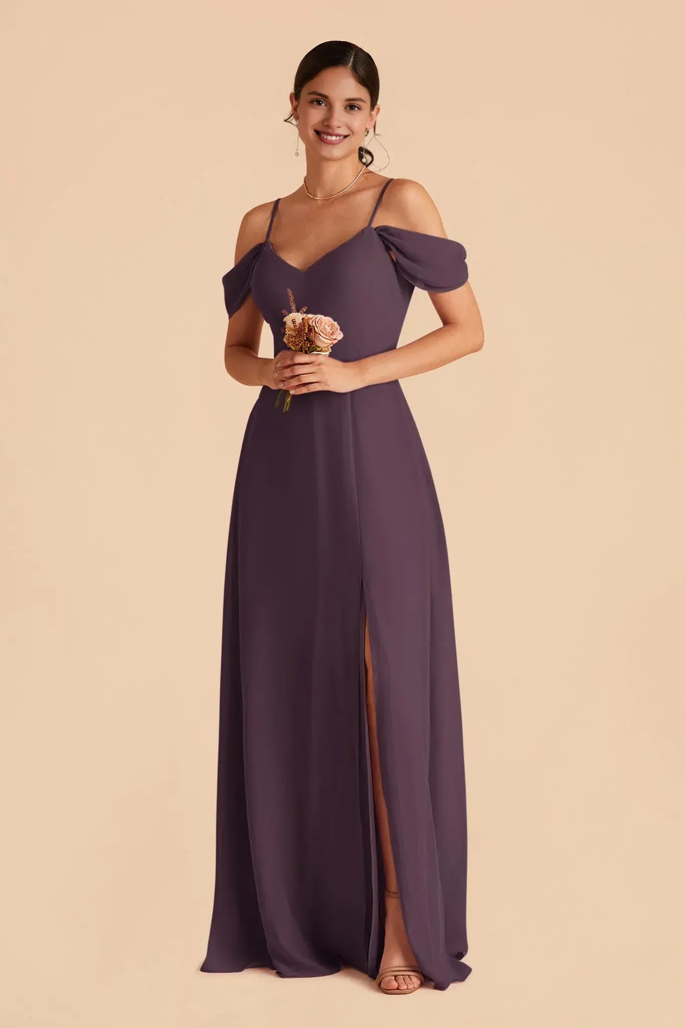 Soft A-Line V-Neck Off Shoulder Spaghetti Strap Low Back Maxi Wedding Bridesmaid Dress