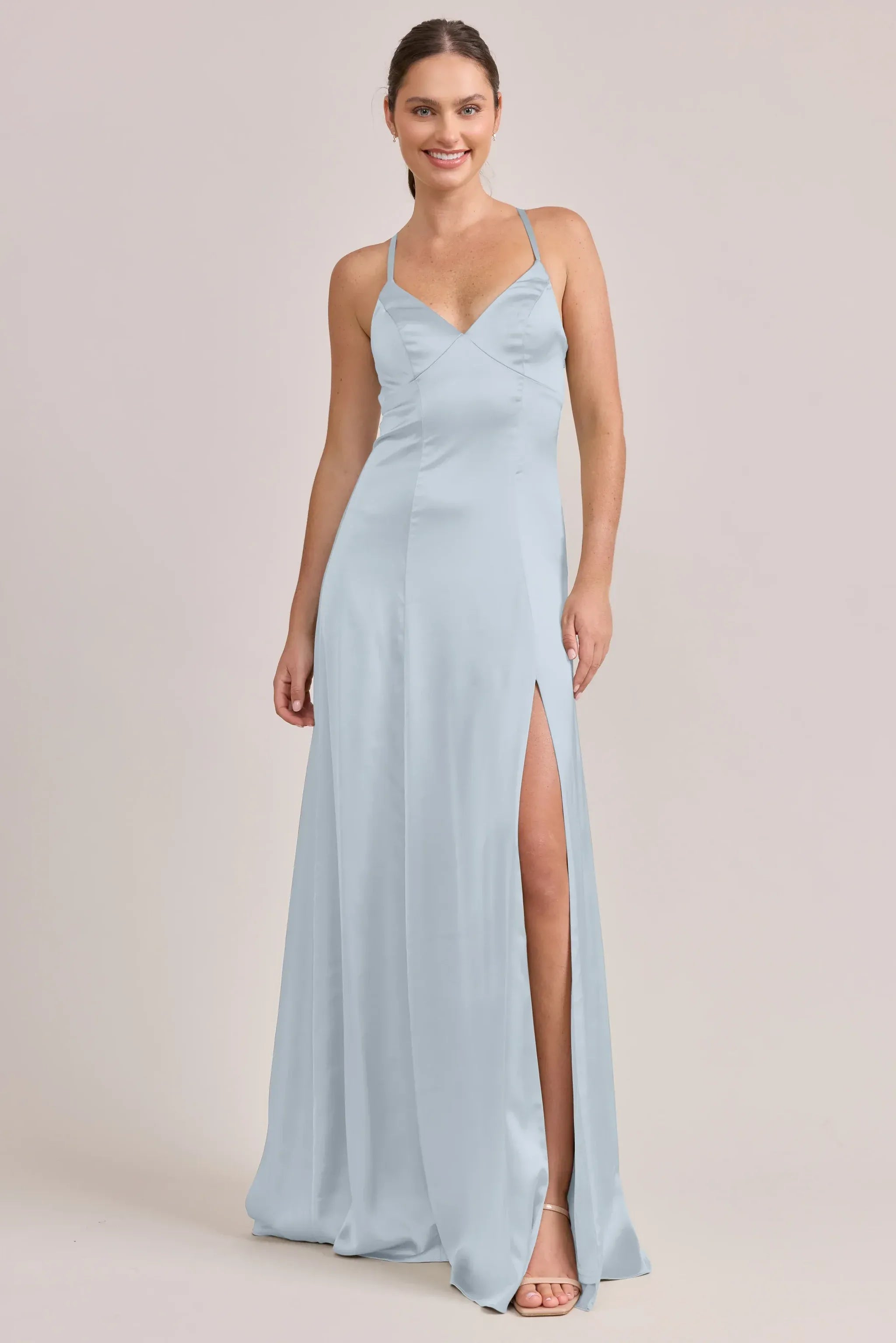 Soft A-Line V-Neck Spaghetti Strap Crisscross Back Slit Floor-Length Bridesmaid Dress