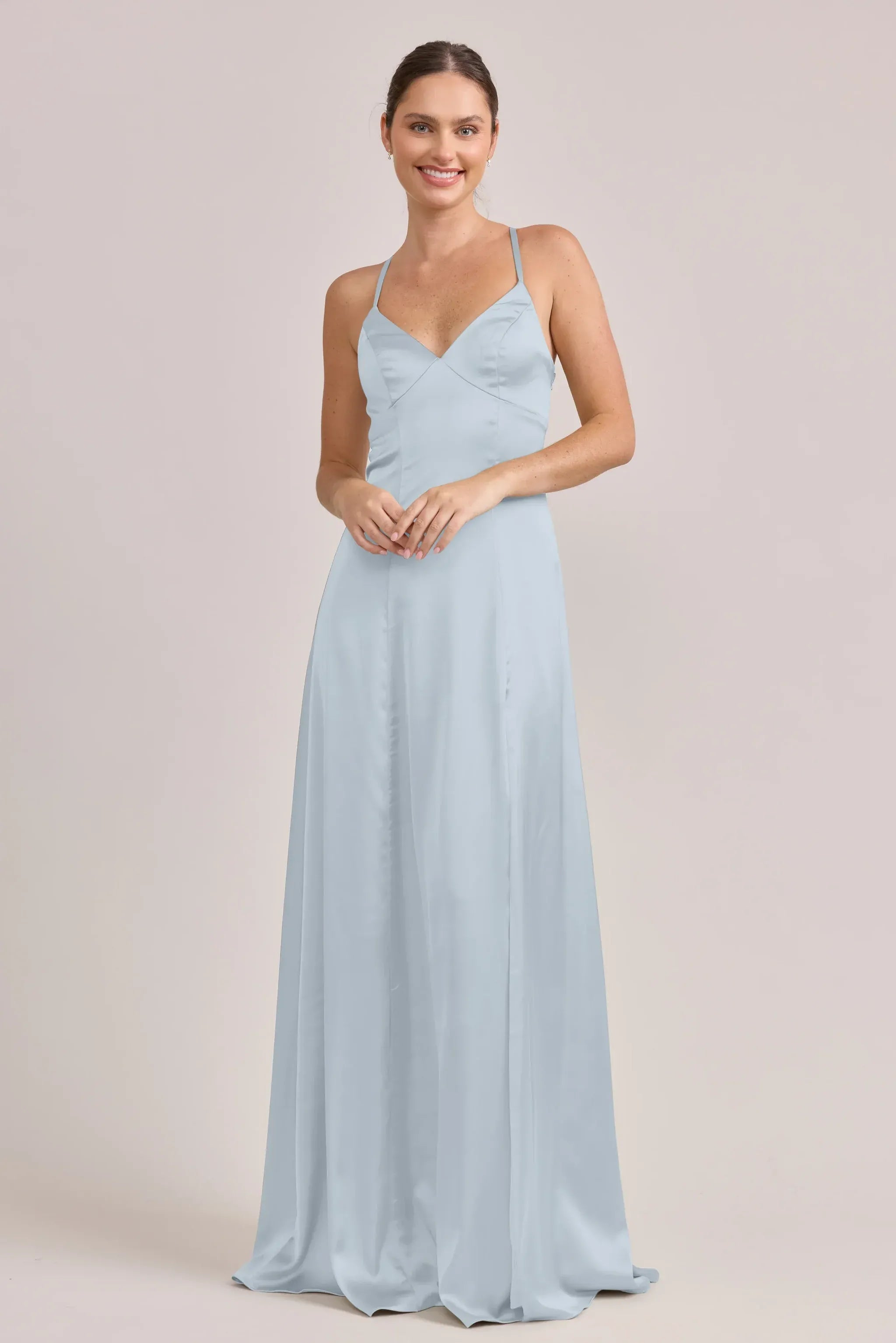 Soft A-Line V-Neck Spaghetti Strap Crisscross Back Slit Floor-Length Bridesmaid Dress