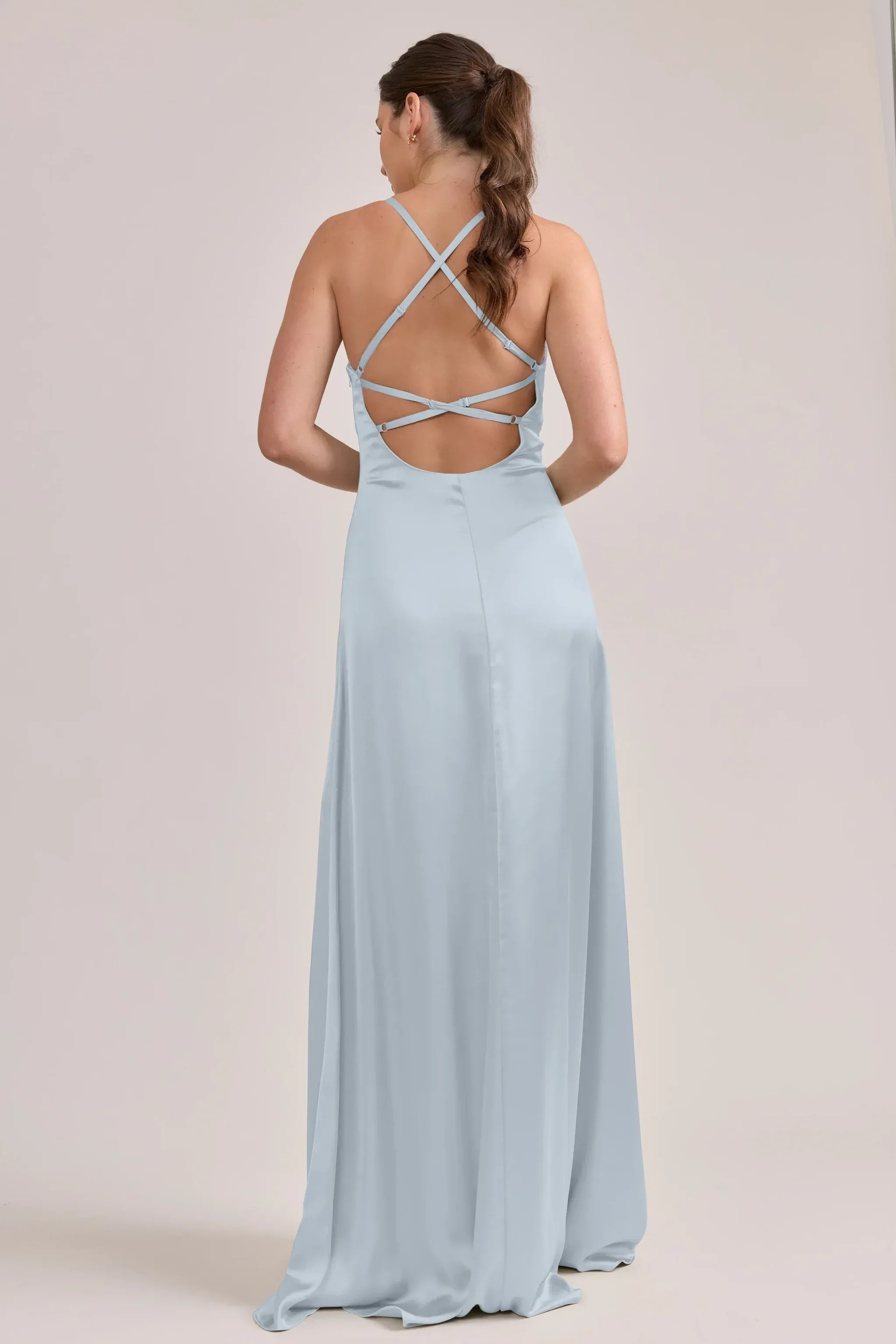 Soft A-Line V-Neck Spaghetti Strap Crisscross Back Slit Floor-Length Bridesmaid Dress