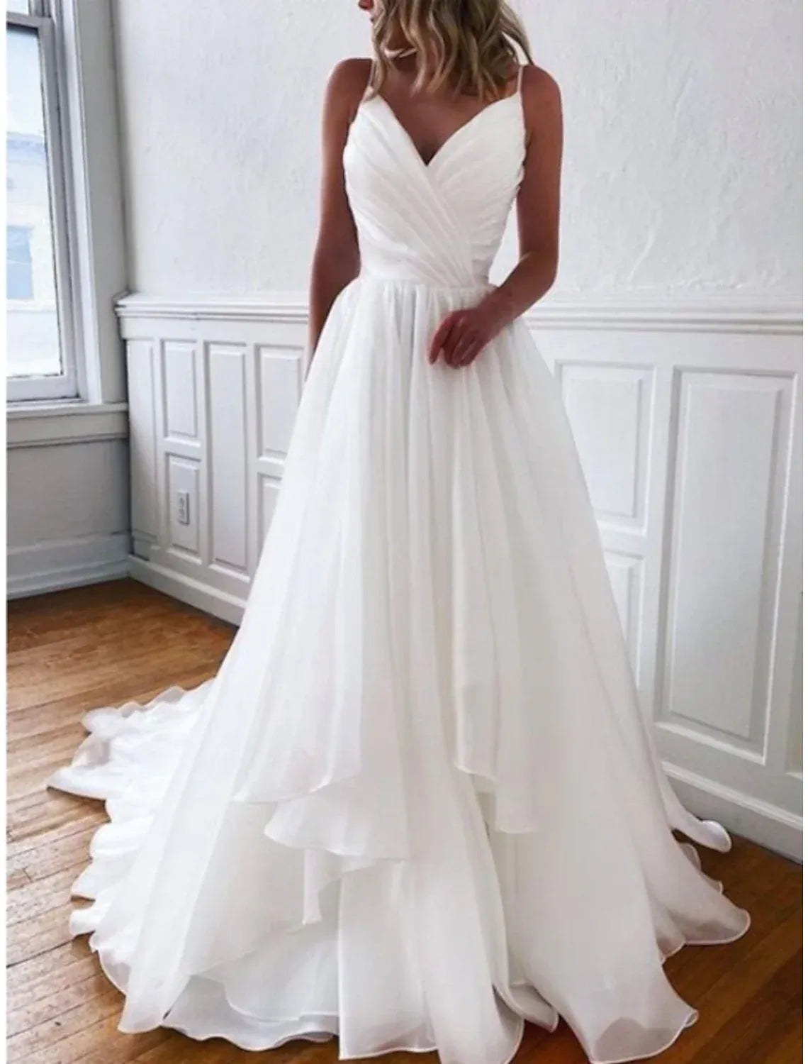 Soft A-Line V Spaghetti Strap Ruched Bodice Layer Chiffon Train Wedding Dress