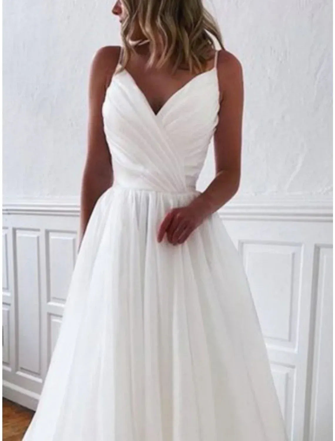 Soft A-Line V Spaghetti Strap Ruched Bodice Layer Chiffon Train Wedding Dress