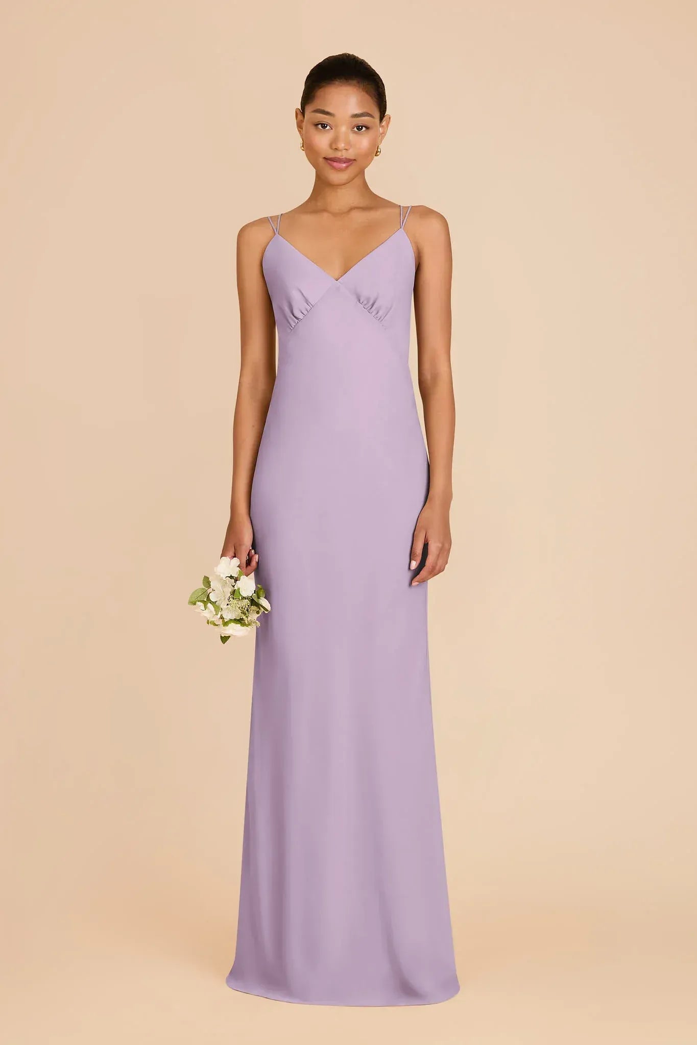 Soft Column V-Neck Spaghetti Strap Crisscross Back Floor-Length Bridesmaid Dress