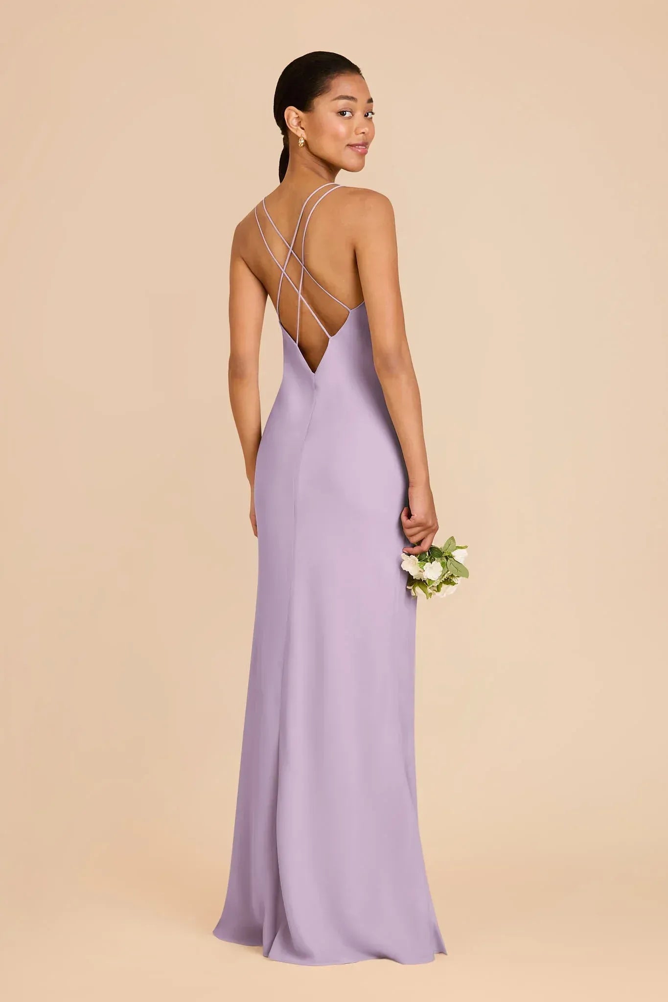 Soft Column V-Neck Spaghetti Strap Crisscross Back Floor-Length Bridesmaid Dress