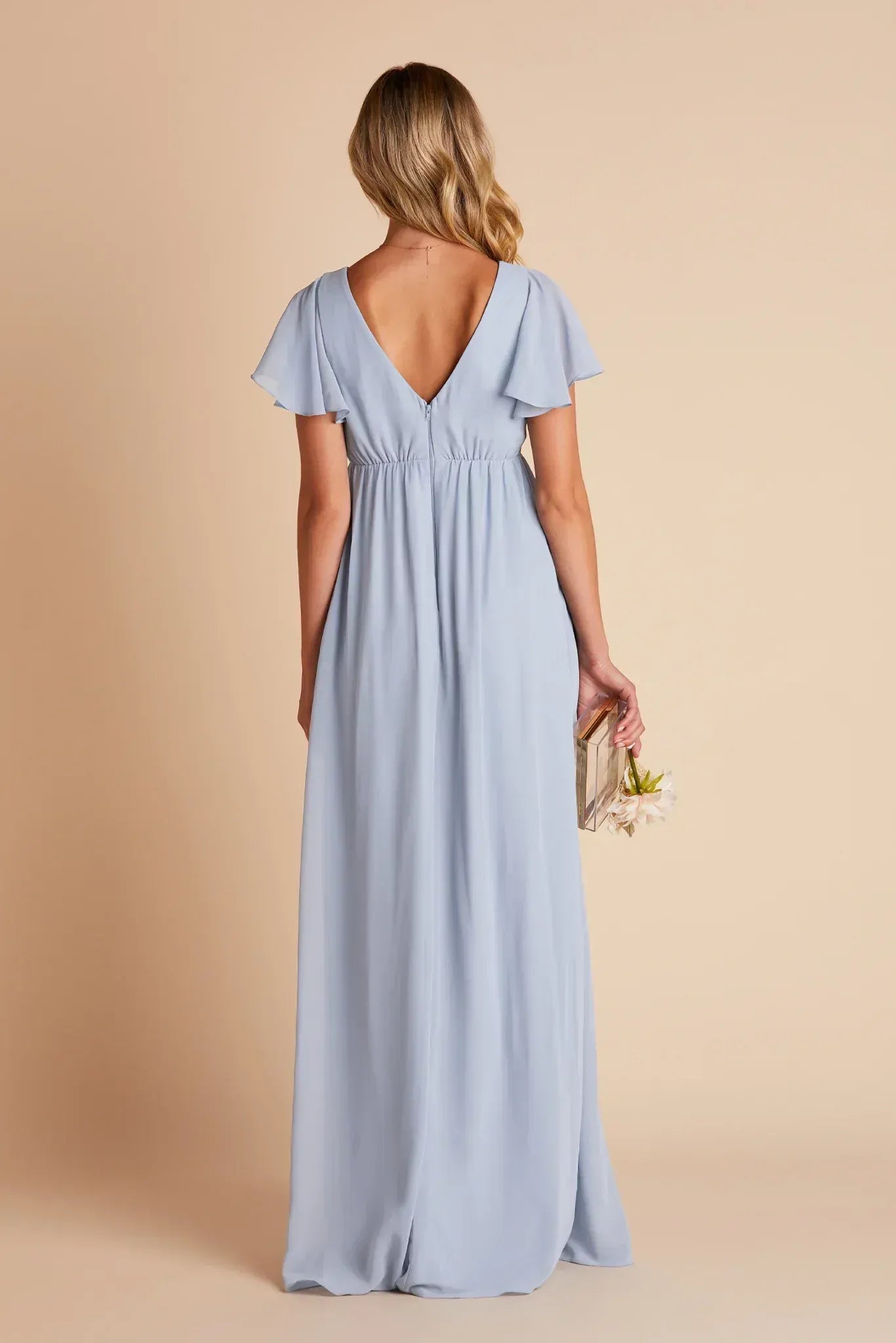 Soft Empire V Neck Flutter Sleeve Deep V Back Floor Length Wedding Bridesmaid Dress