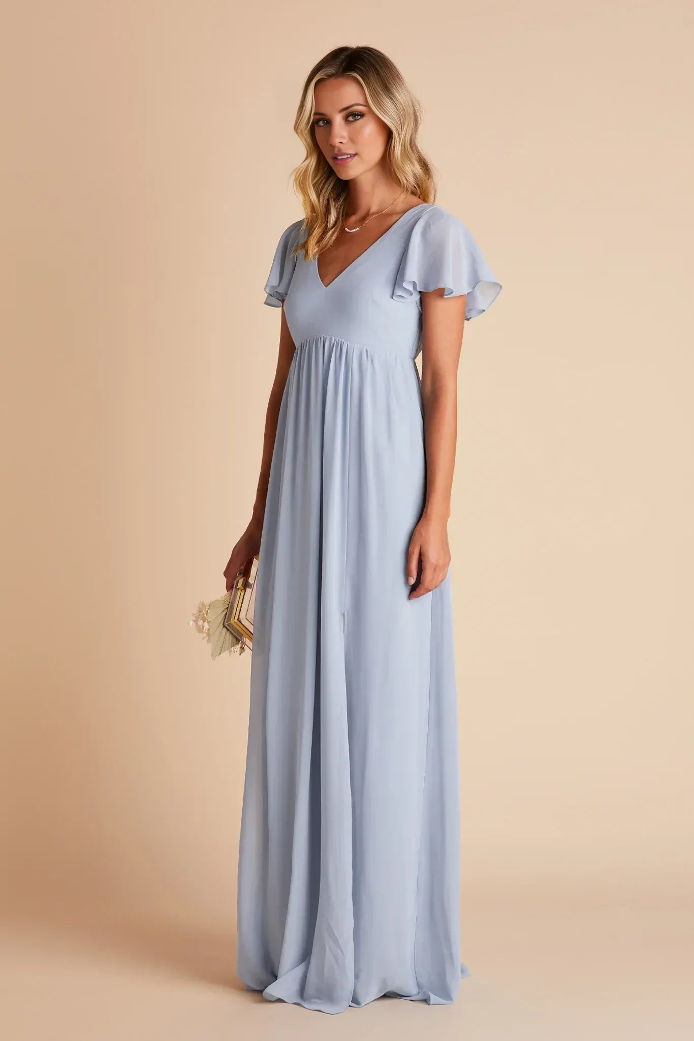 Soft Empire V Neck Flutter Sleeve Deep V Back Floor Length Wedding Bridesmaid Dress