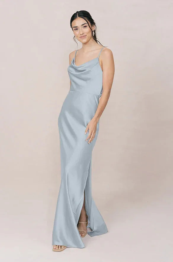 Soft Mermaid Cowl Neck Spaghetti Strap Cowl Back Slit Floor-Length Bridesmaid Dress